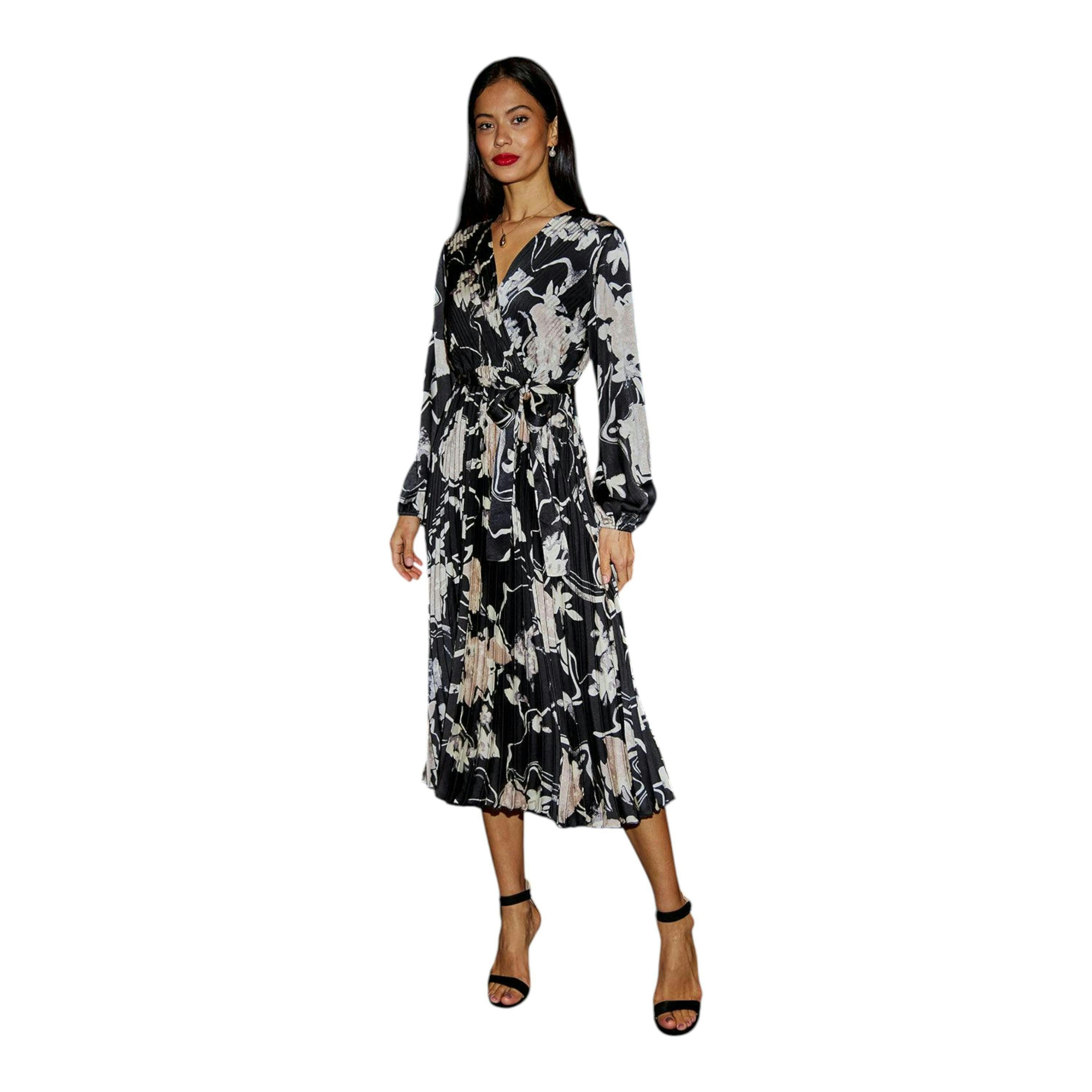 Yumi Black Floral Satin Pleated Midi Dress , view 3 of 6