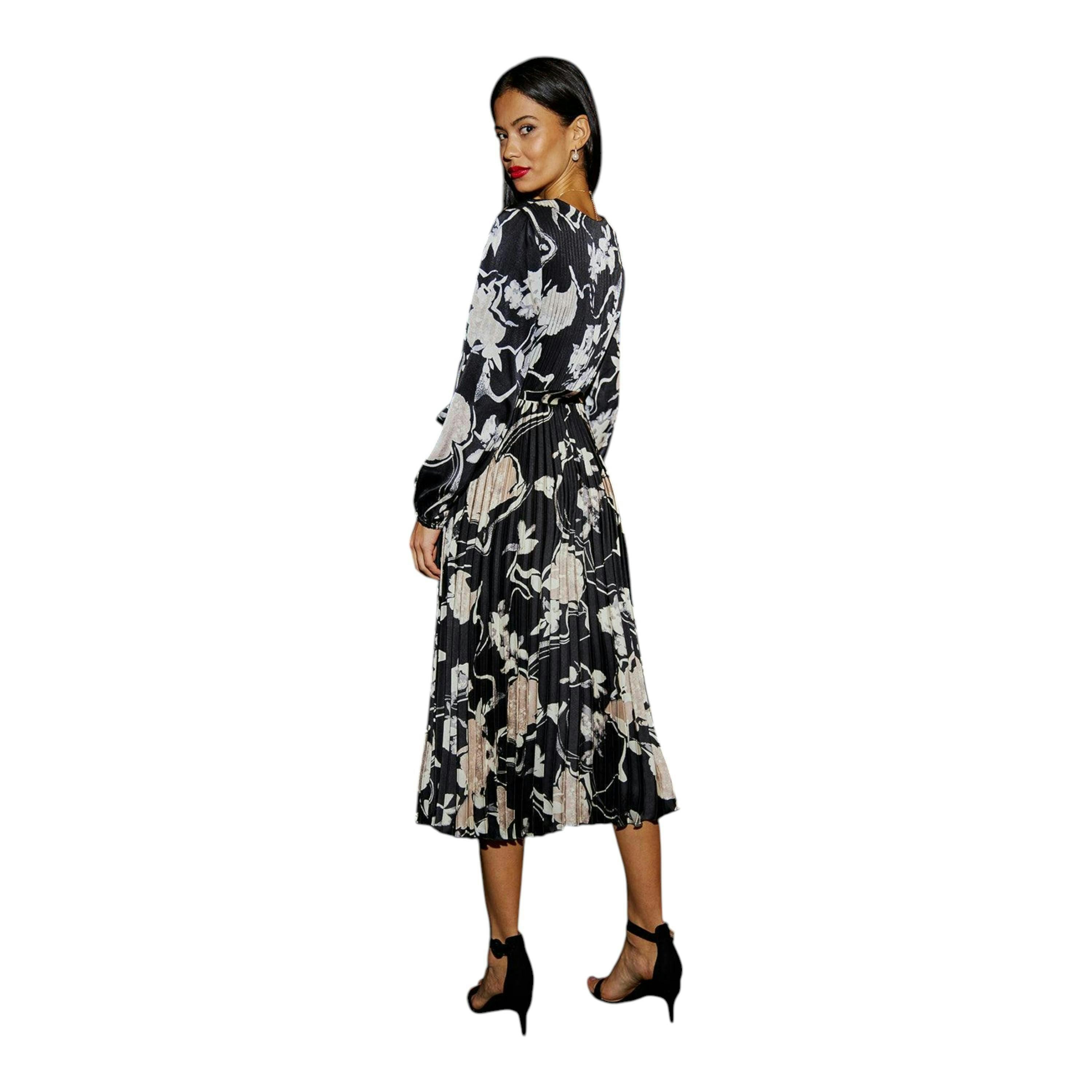 Yumi Black Floral Satin Pleated Midi Dress , view 4 of 6
