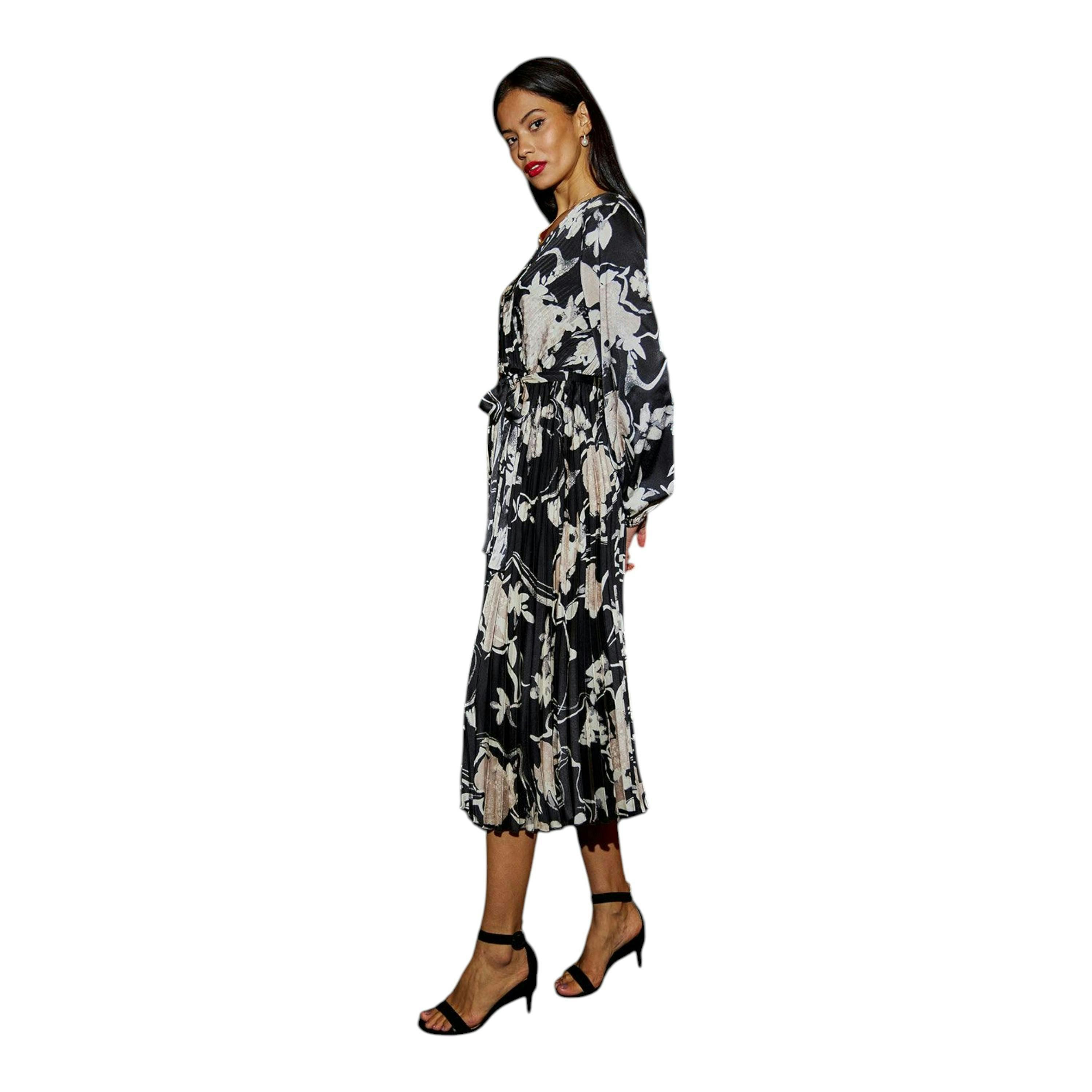Yumi Black Floral Satin Pleated Midi Dress , view 5 of 6