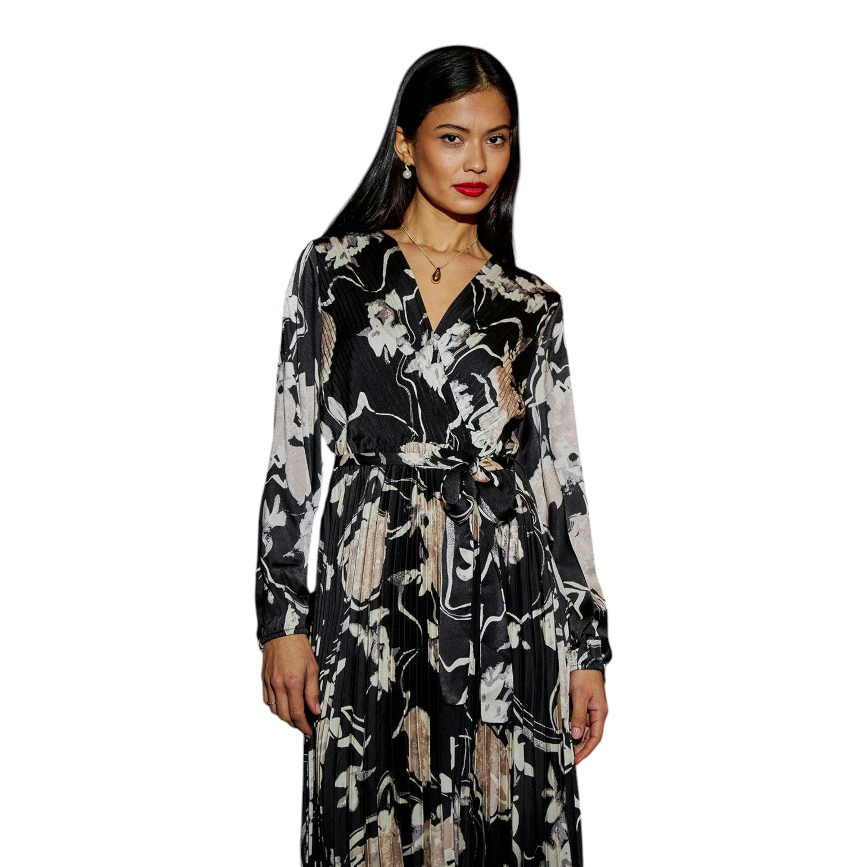 Yumi Black Floral Satin Pleated Midi Dress , view 6 of 6