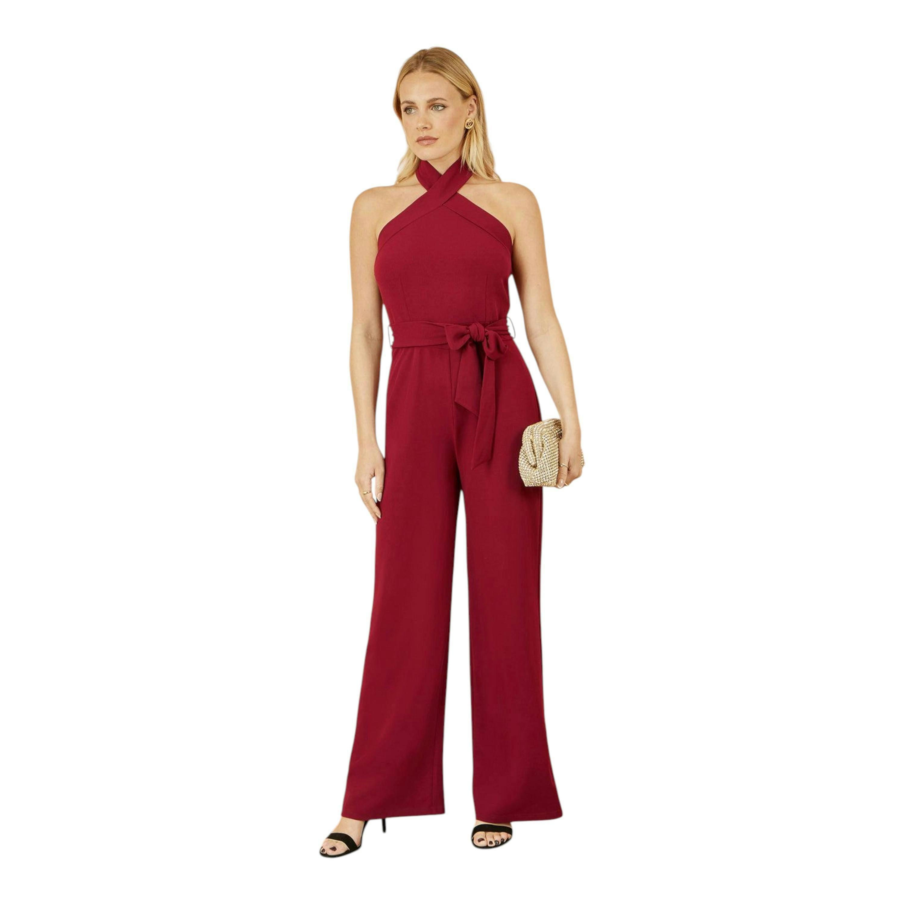 Yumi Burgundy Cross Over Halter Neck Jumpsuit , view 1 of 5