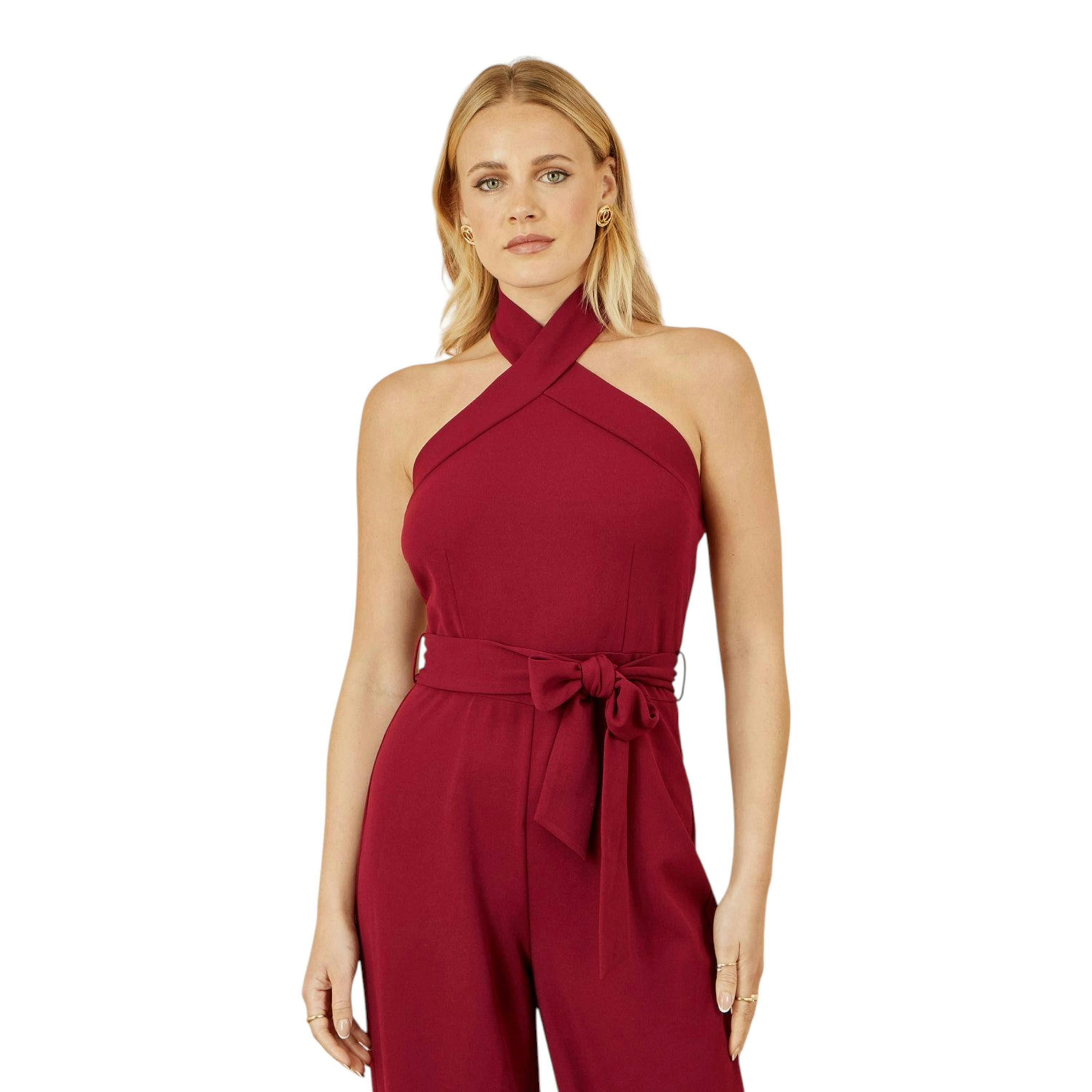 Yumi Burgundy Cross Over Halter Neck Jumpsuit , view 3 of 5