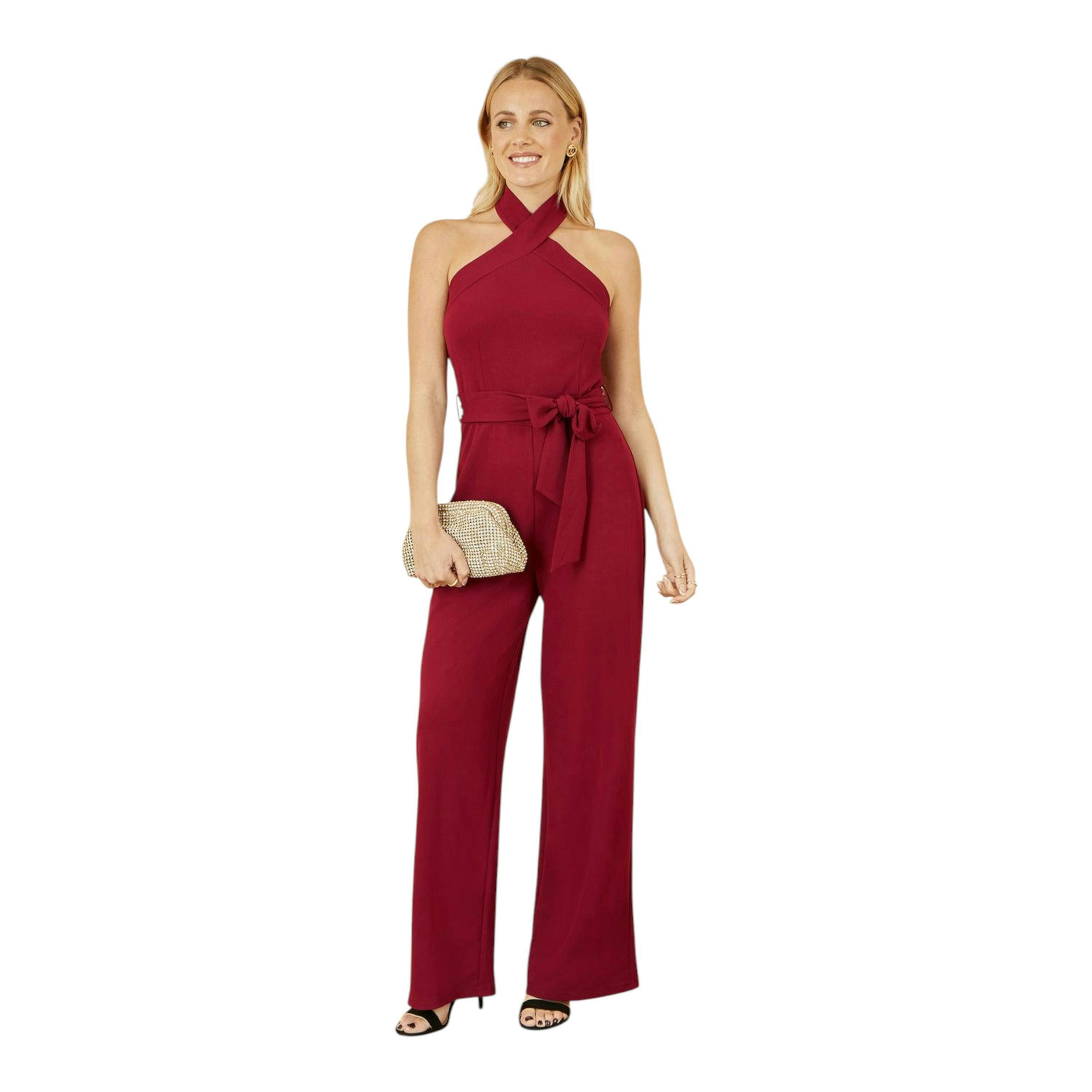 Yumi Burgundy Cross Over Halter Neck Jumpsuit , view 4 of 5