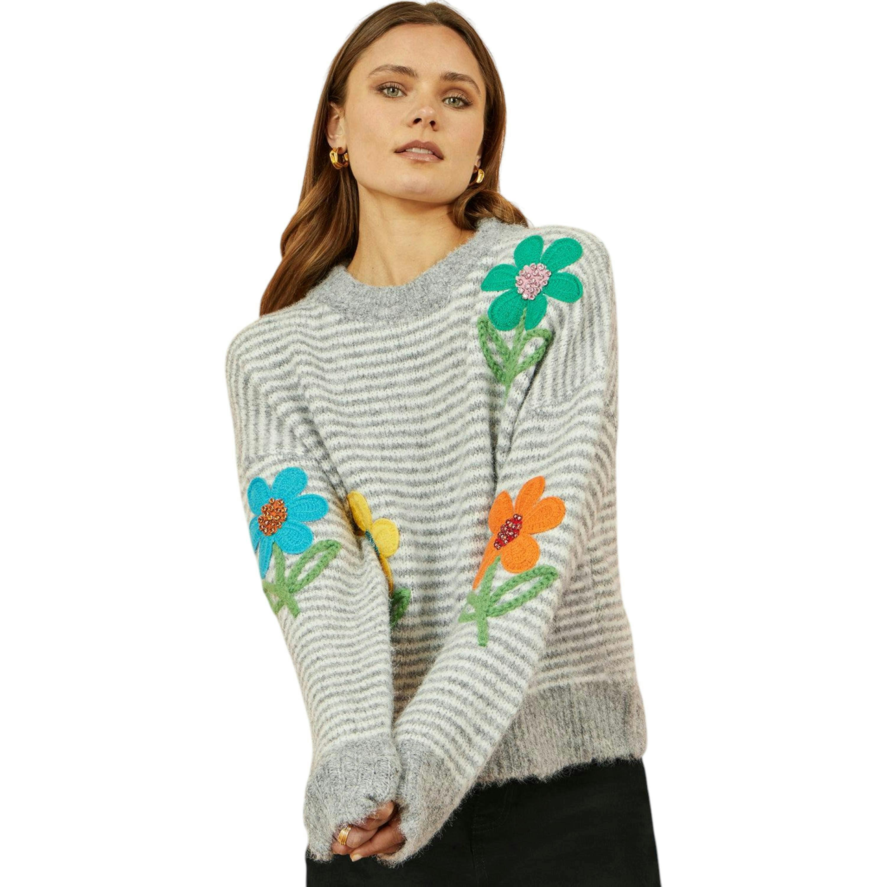 Yumi Grey Striped Relaxed Fit Jumper With Flowers , view 1 of 5