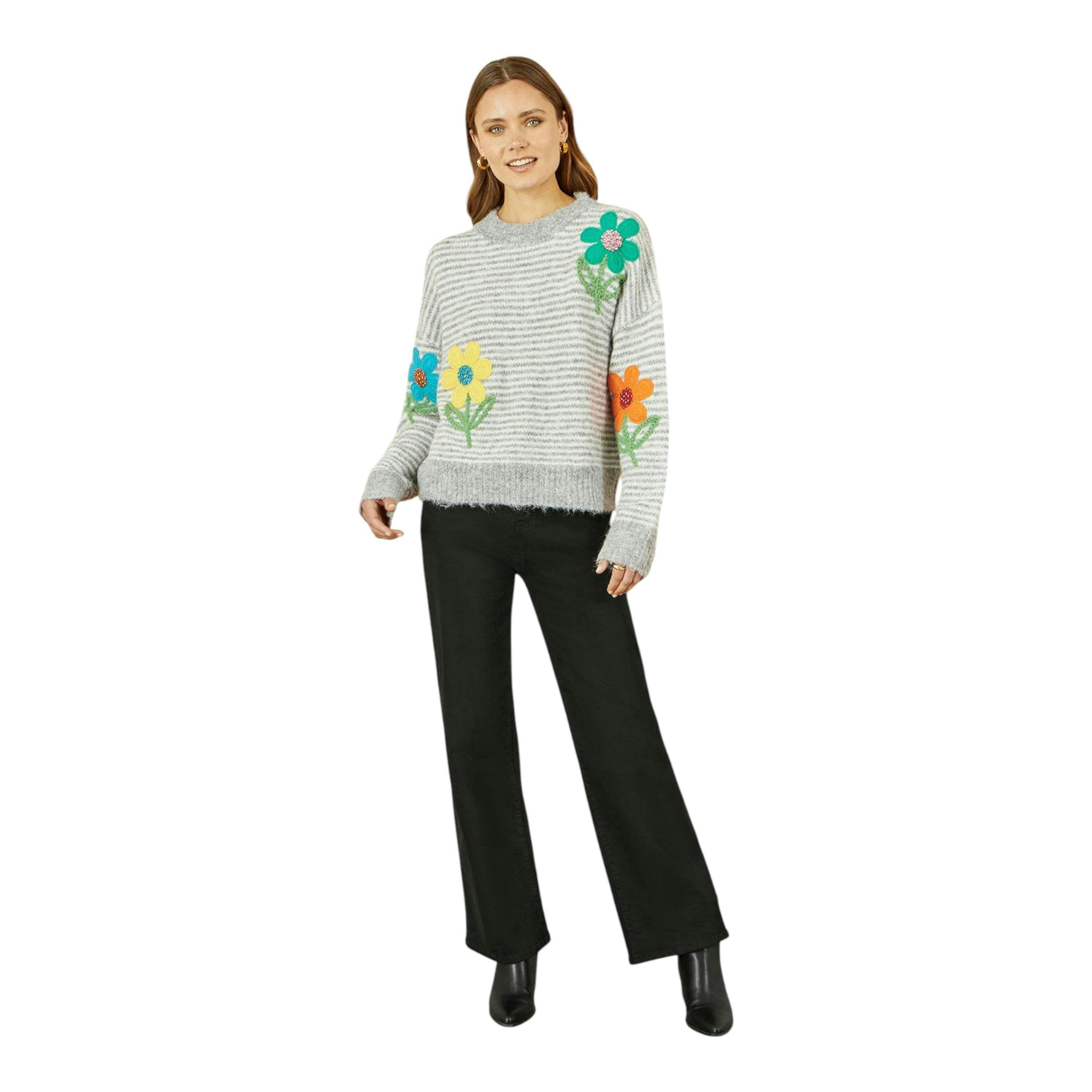 Yumi Grey Striped Relaxed Fit Jumper With Flowers , view 2 of 5