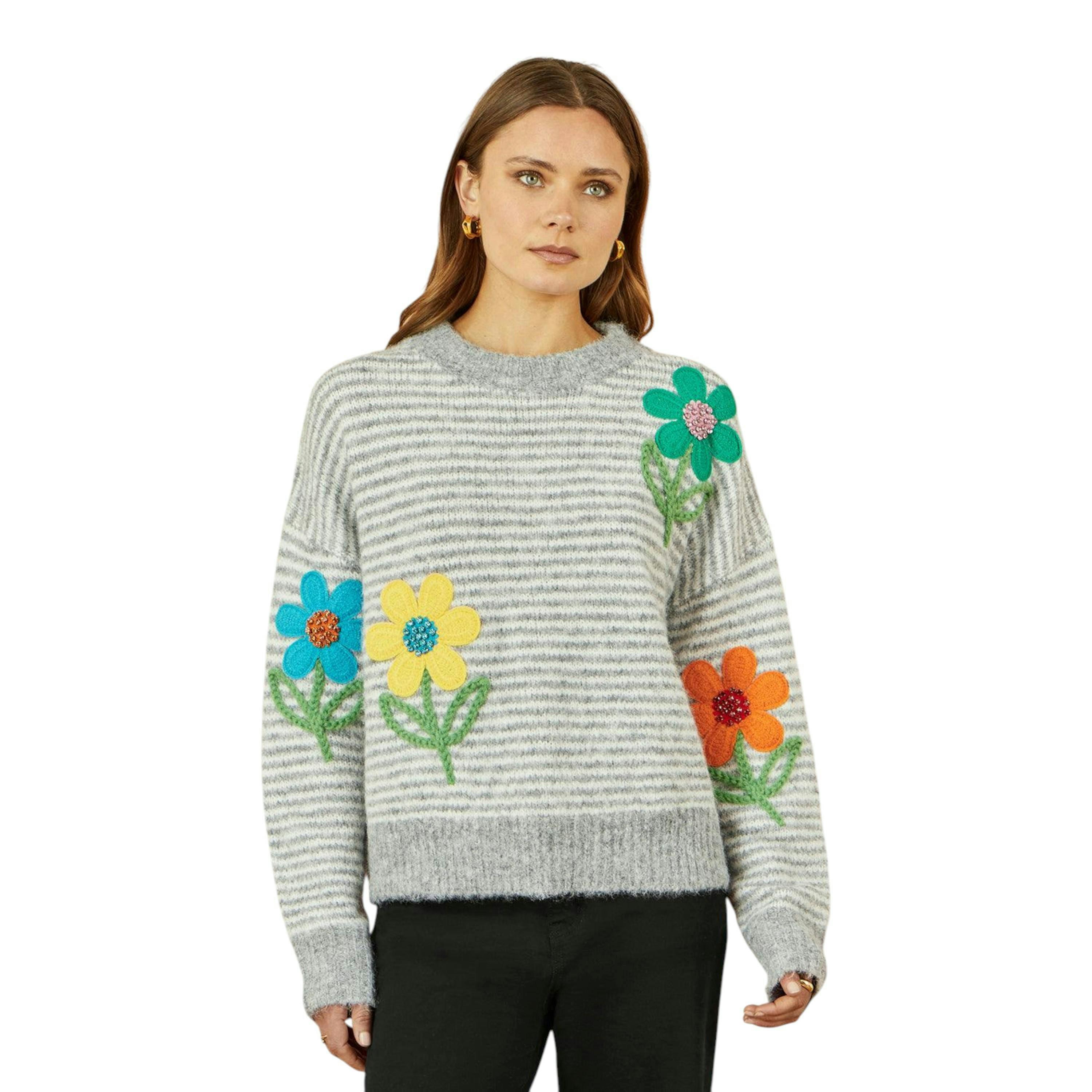 Yumi Grey Striped Relaxed Fit Jumper With Flowers , view 3 of 5