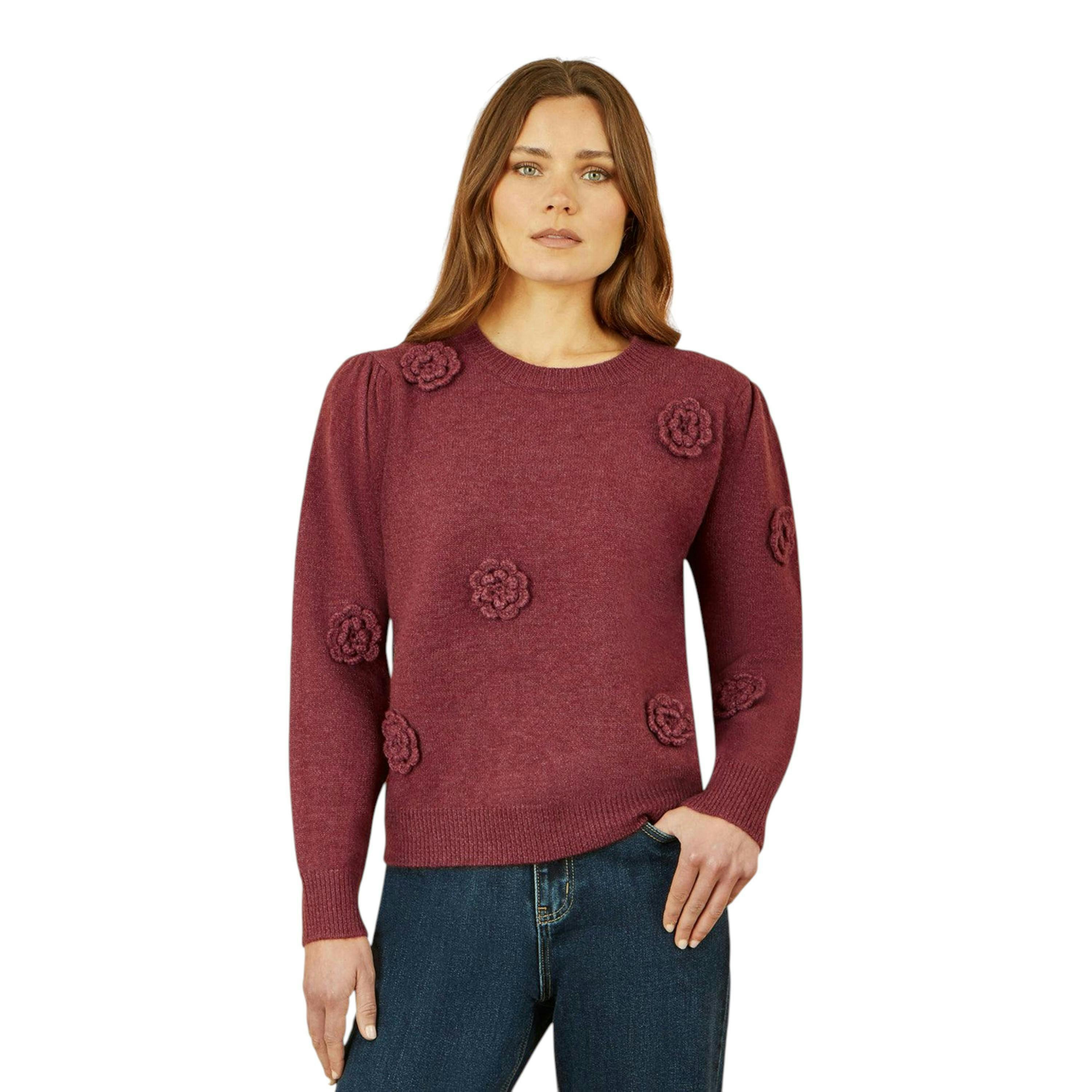 Yumi Burgundy Knitted Jumper With Crochet Flowers , view 1 of 5