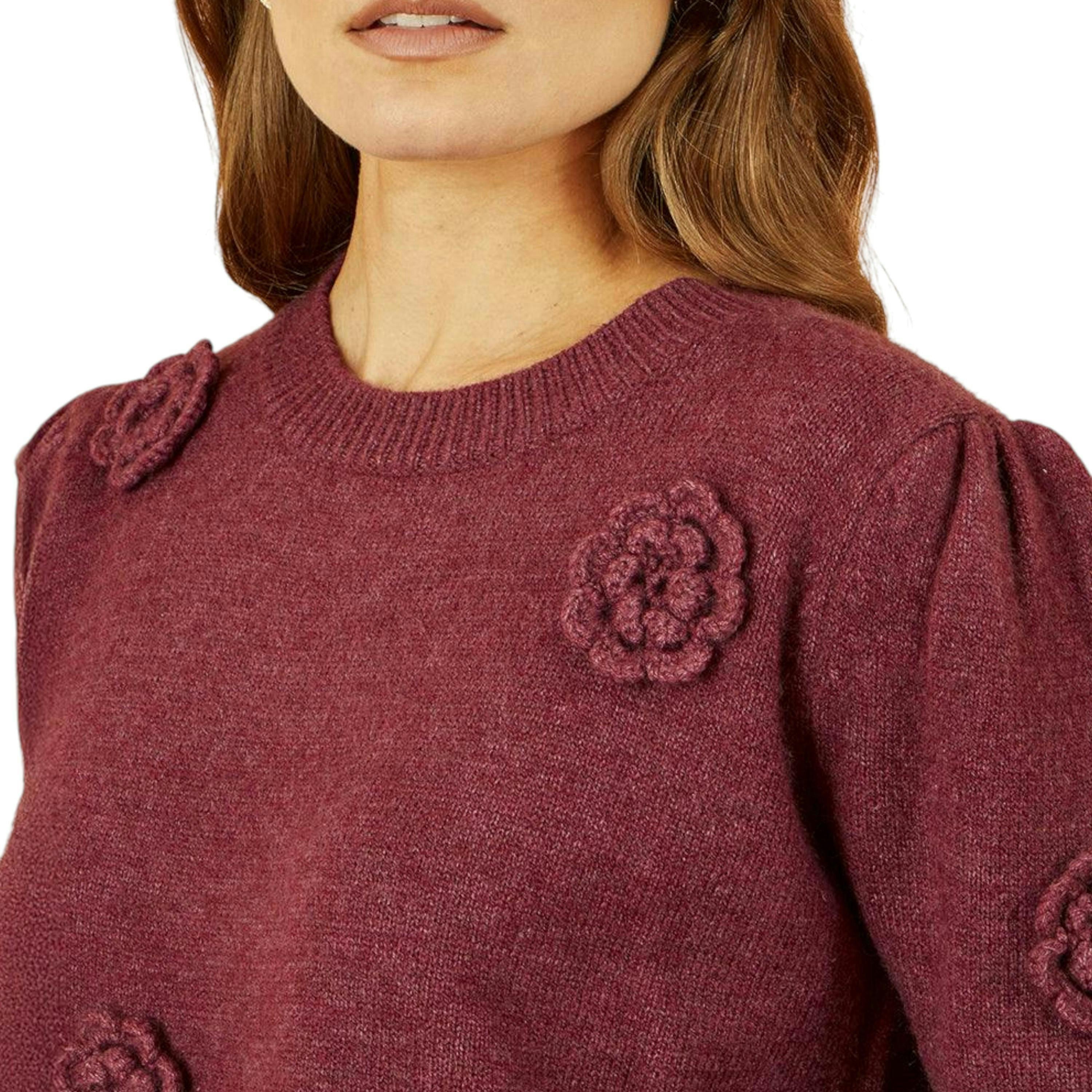 Yumi Burgundy Knitted Jumper With Crochet Flowers , view 2 of 5