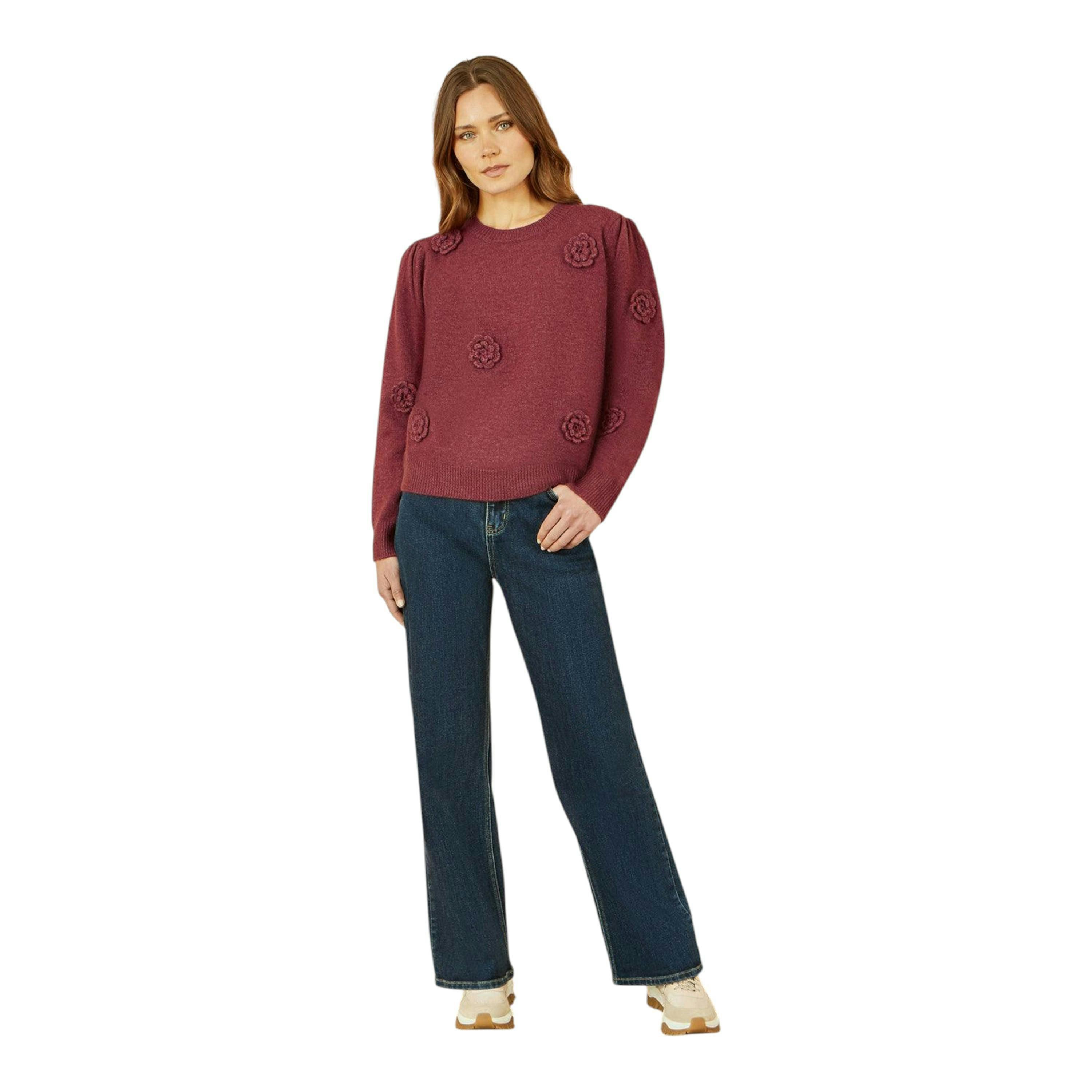 Yumi Burgundy Knitted Jumper With Crochet Flowers , view 3 of 5