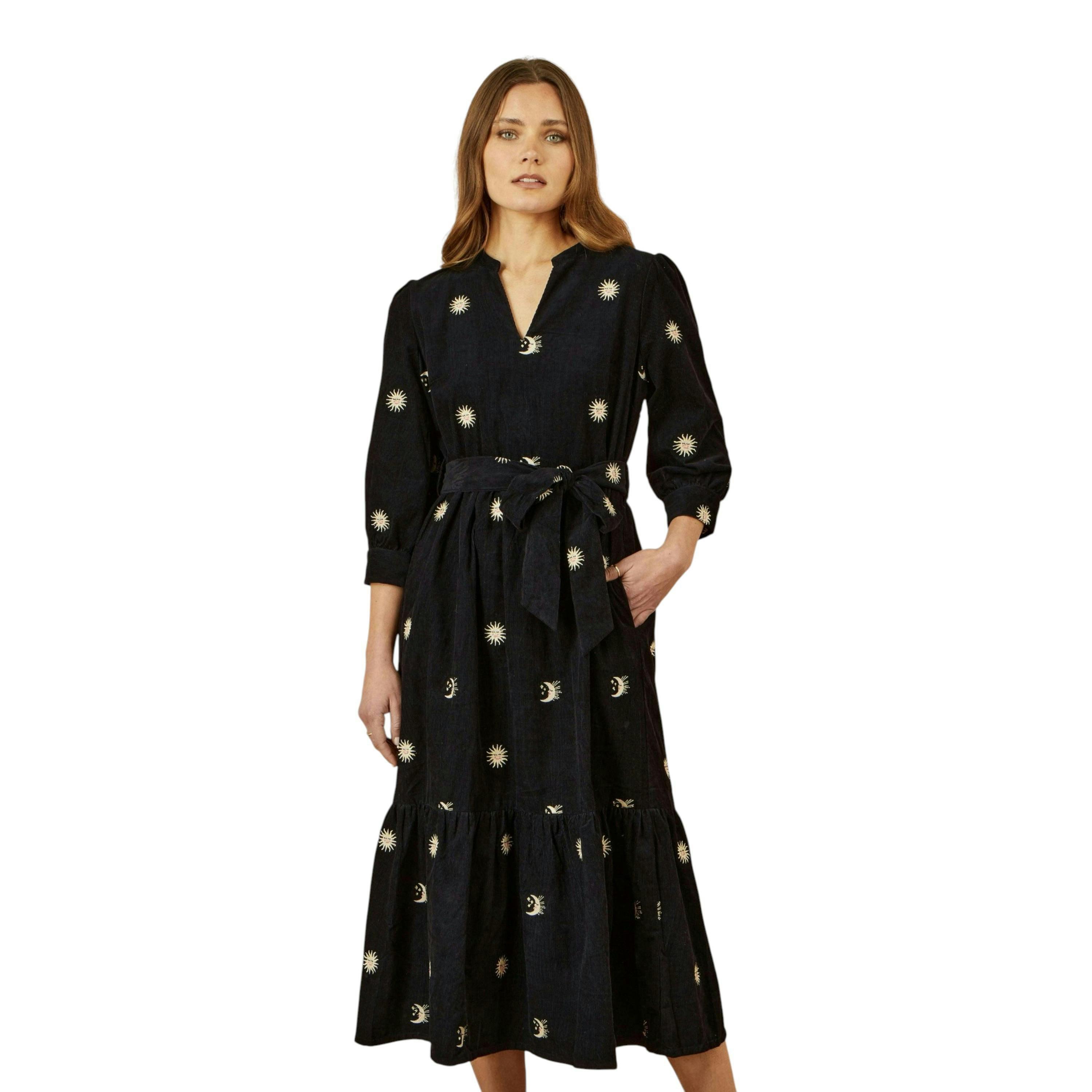 Yumi Black Cosmic Embroidery Cord Midi Shirt Dress , view 1 of 5
