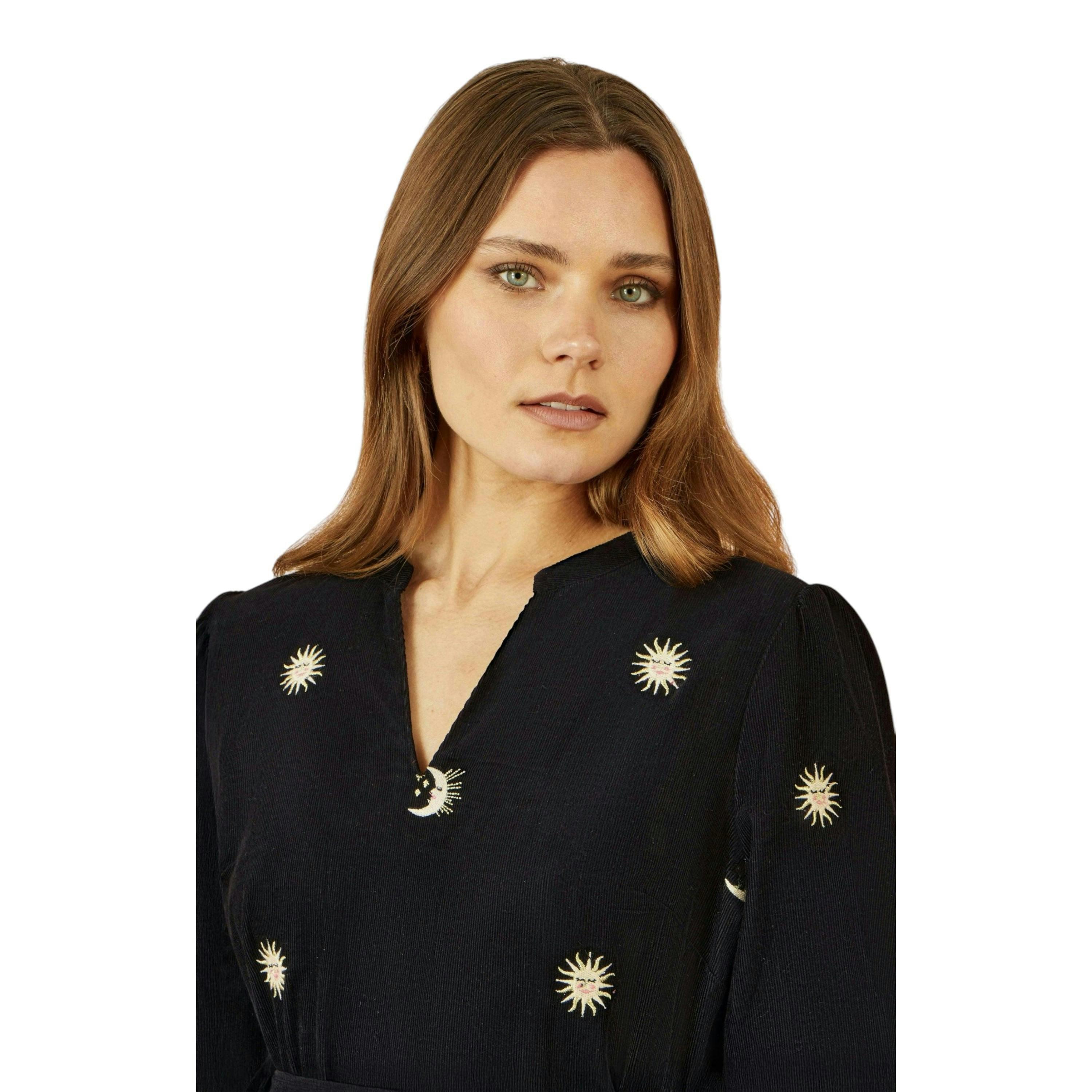 Yumi Black Cosmic Embroidery Cord Midi Shirt Dress , view 2 of 5