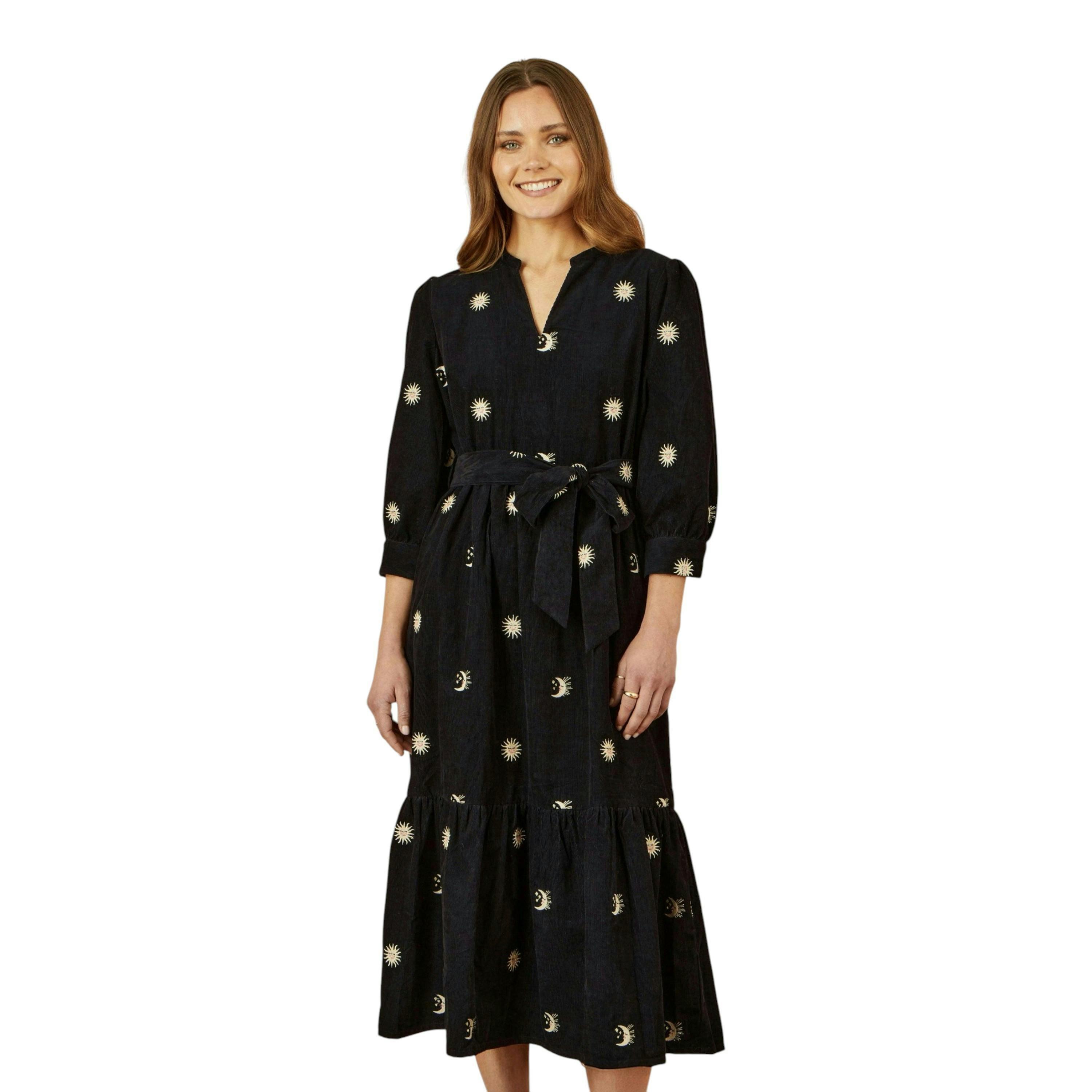 Yumi Black Cosmic Embroidery Cord Midi Shirt Dress , view 3 of 5