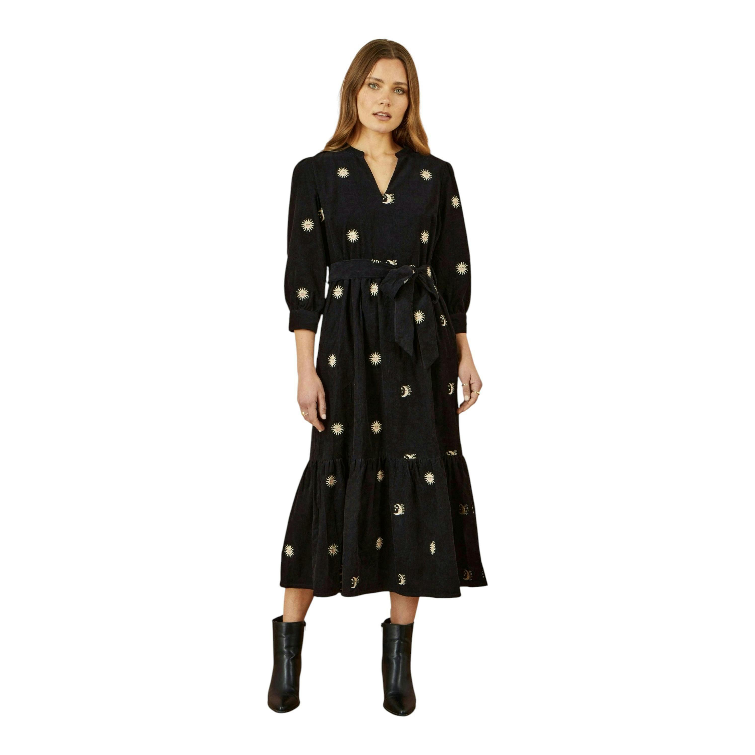 Yumi Black Cosmic Embroidery Cord Midi Shirt Dress , view 4 of 5
