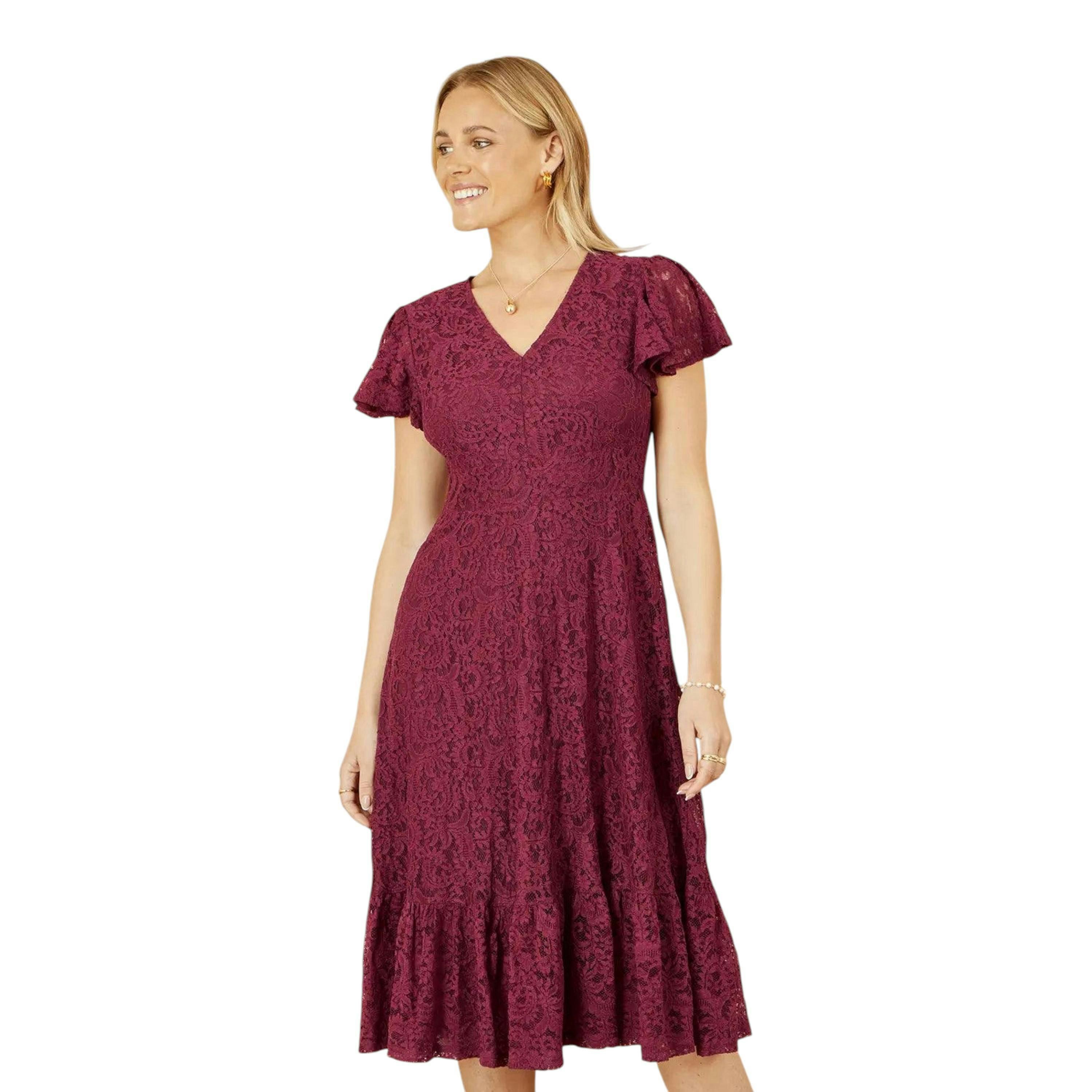 Yumi Burgundy Stretch Lace Puff Sleeve Midi Dress , view 1 of 5