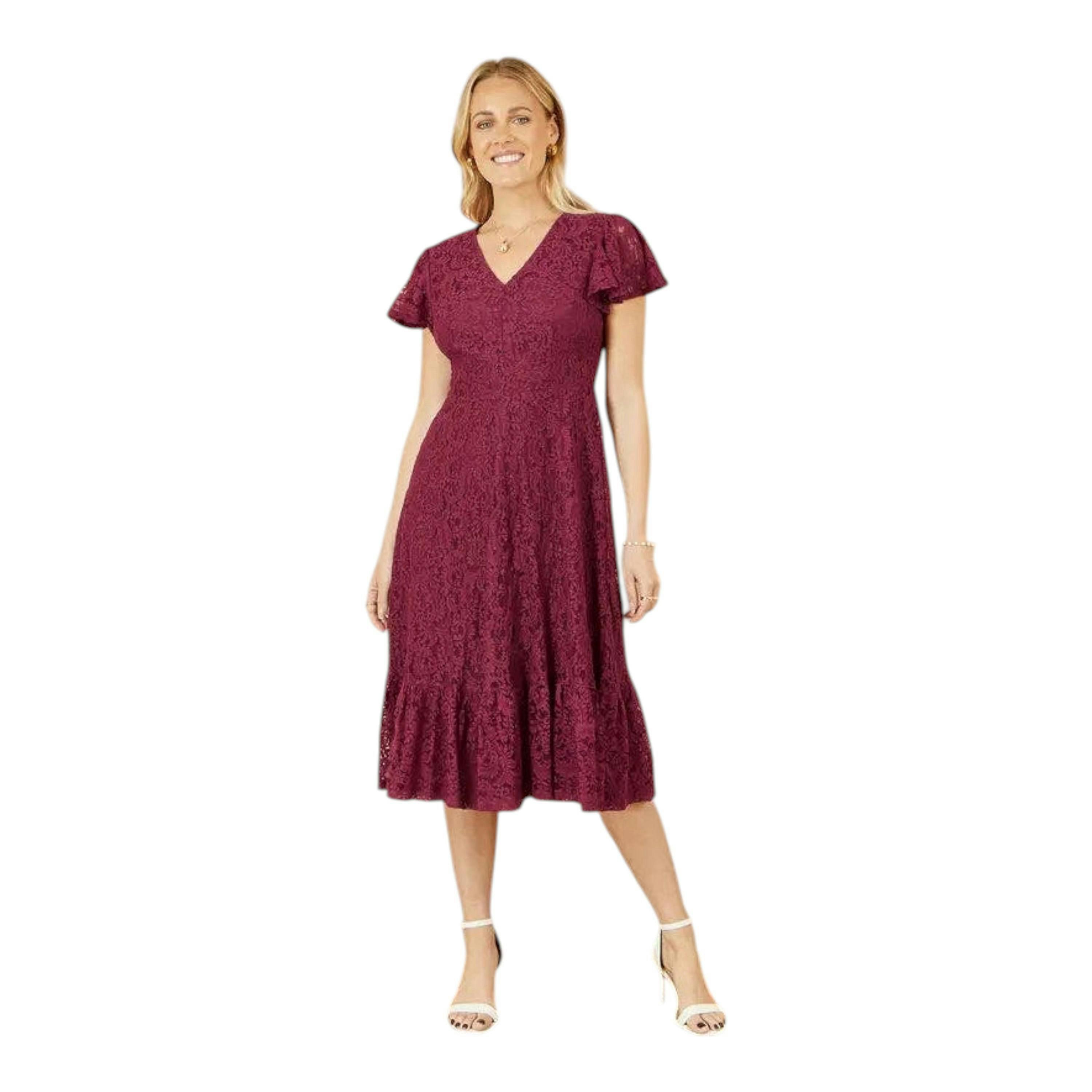 Yumi Burgundy Stretch Lace Puff Sleeve Midi Dress , view 2 of 5