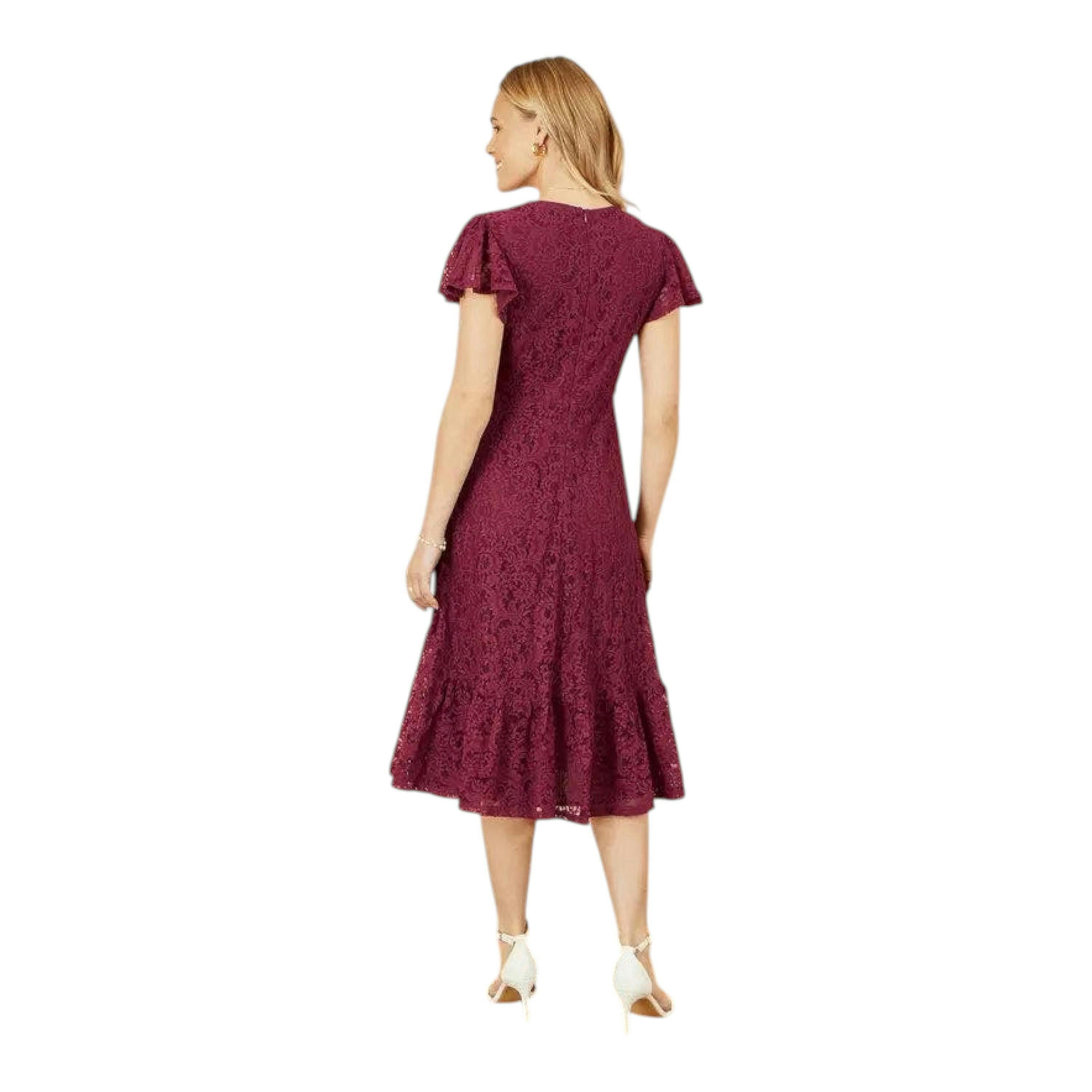 Yumi Burgundy Stretch Lace Puff Sleeve Midi Dress , view 4 of 5