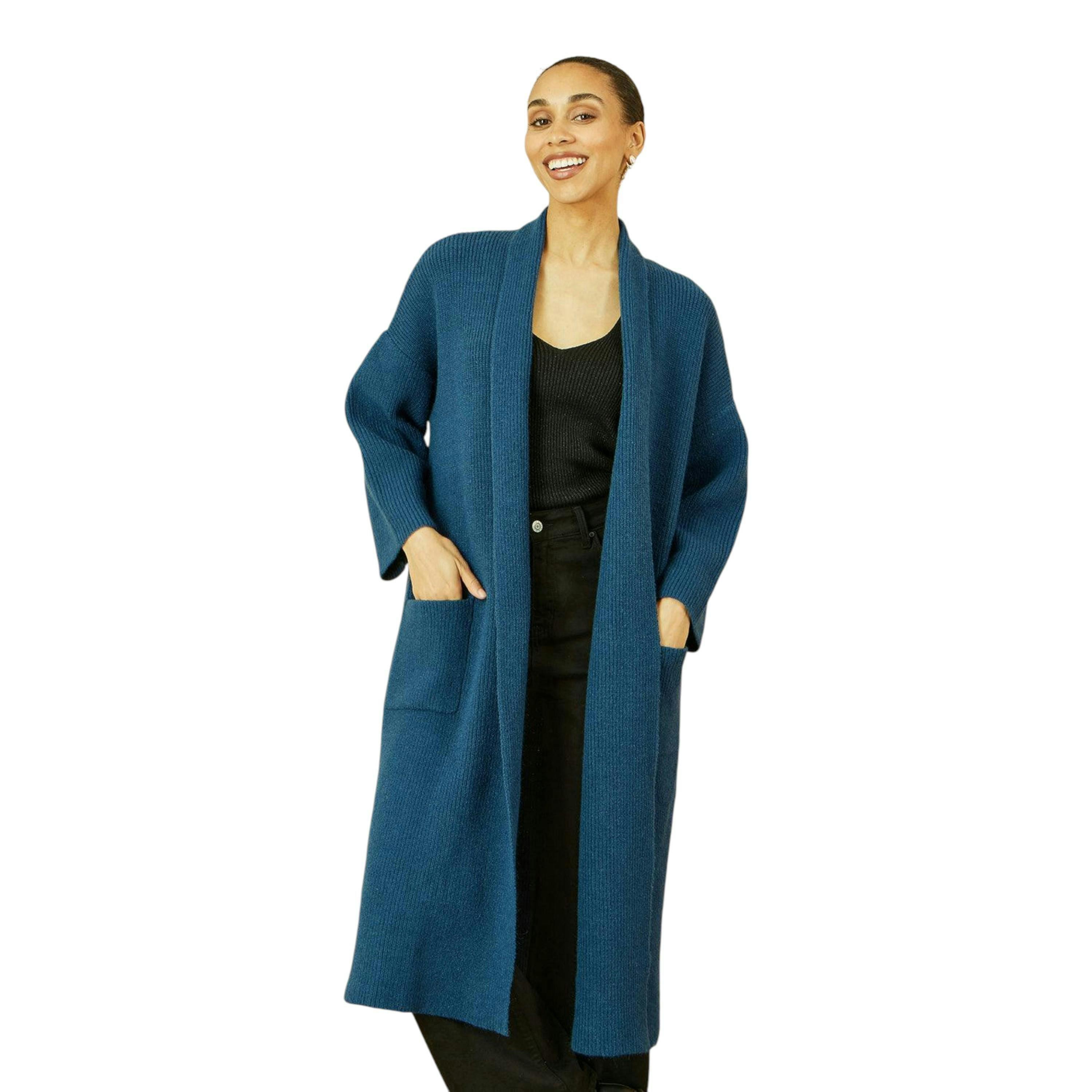 Yumi Teal Knitted Maxi Cardigan With Pockets , view 1 of 5