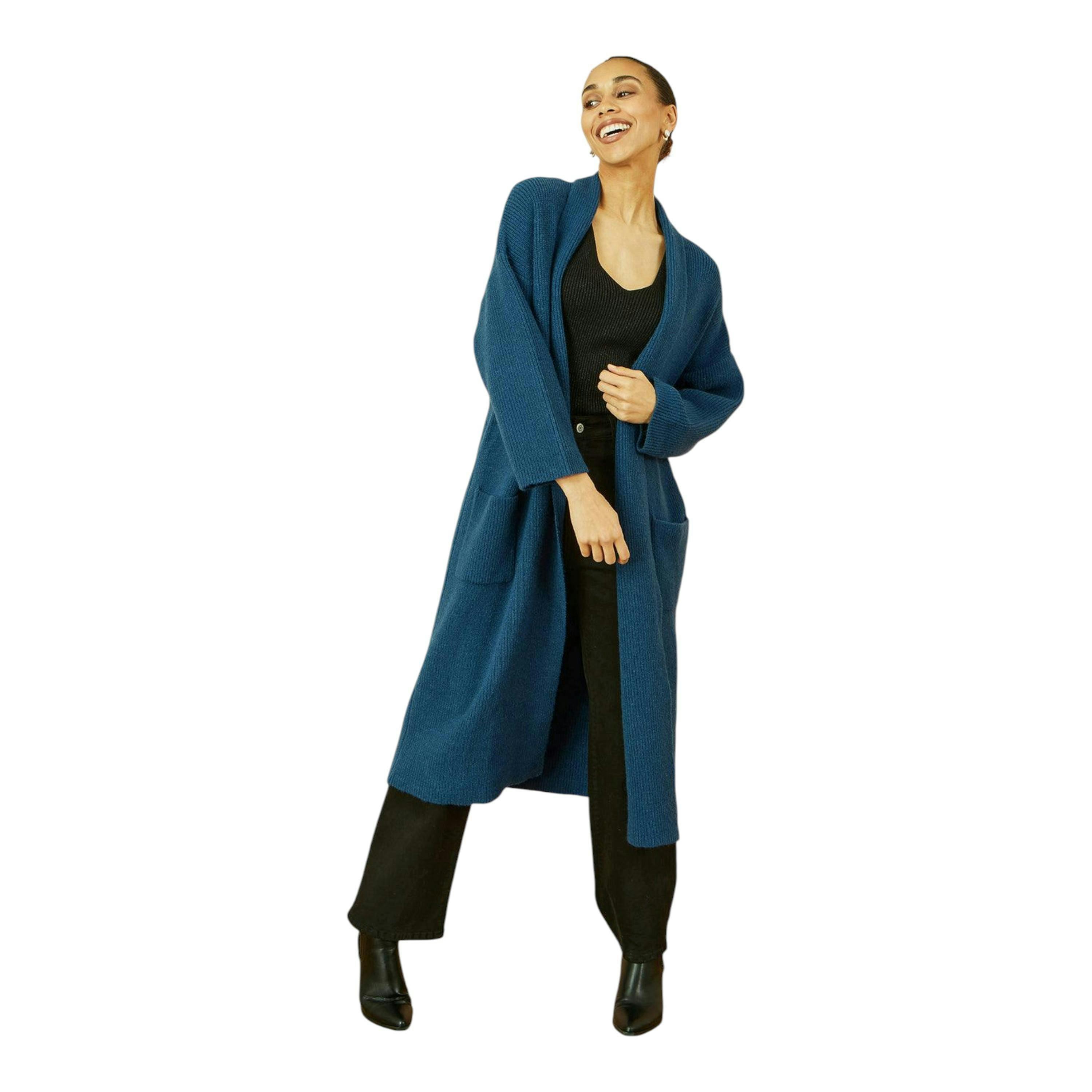 Yumi Teal Knitted Maxi Cardigan With Pockets , view 3 of 5