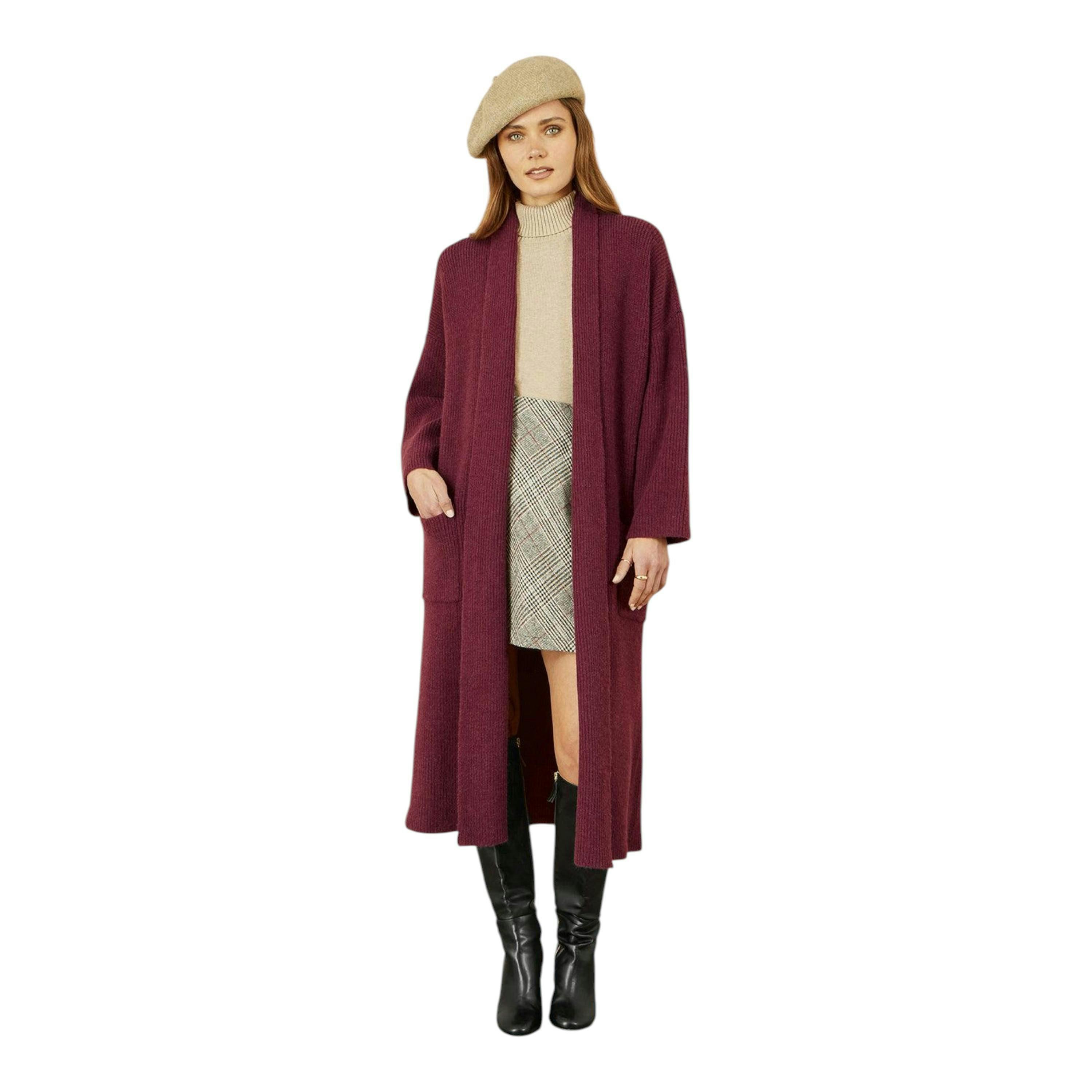 Yumi Burgundy Knitted Maxi Cardigan With Pockets , view 1 of 5