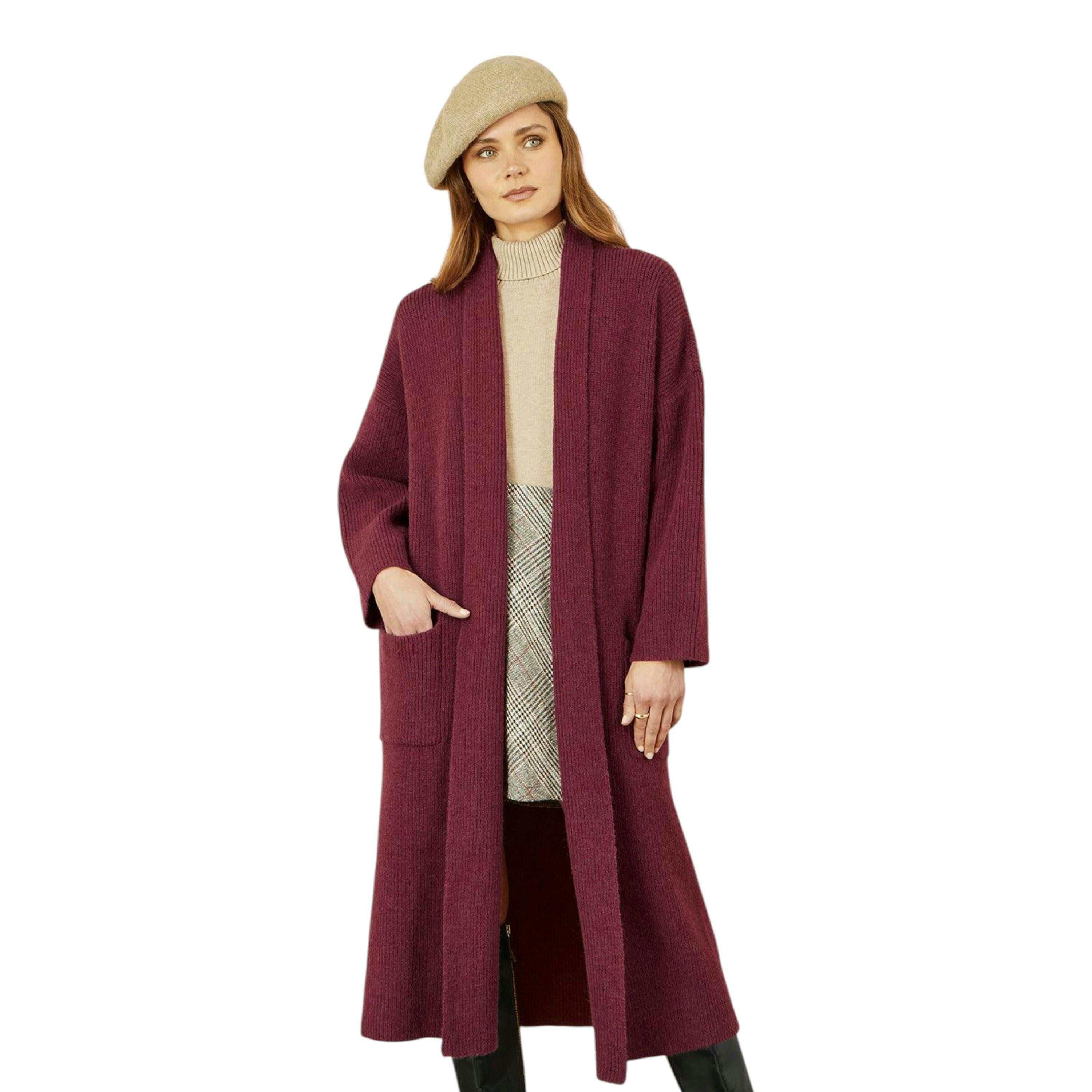 Yumi Burgundy Knitted Maxi Cardigan With Pockets , view 3 of 5