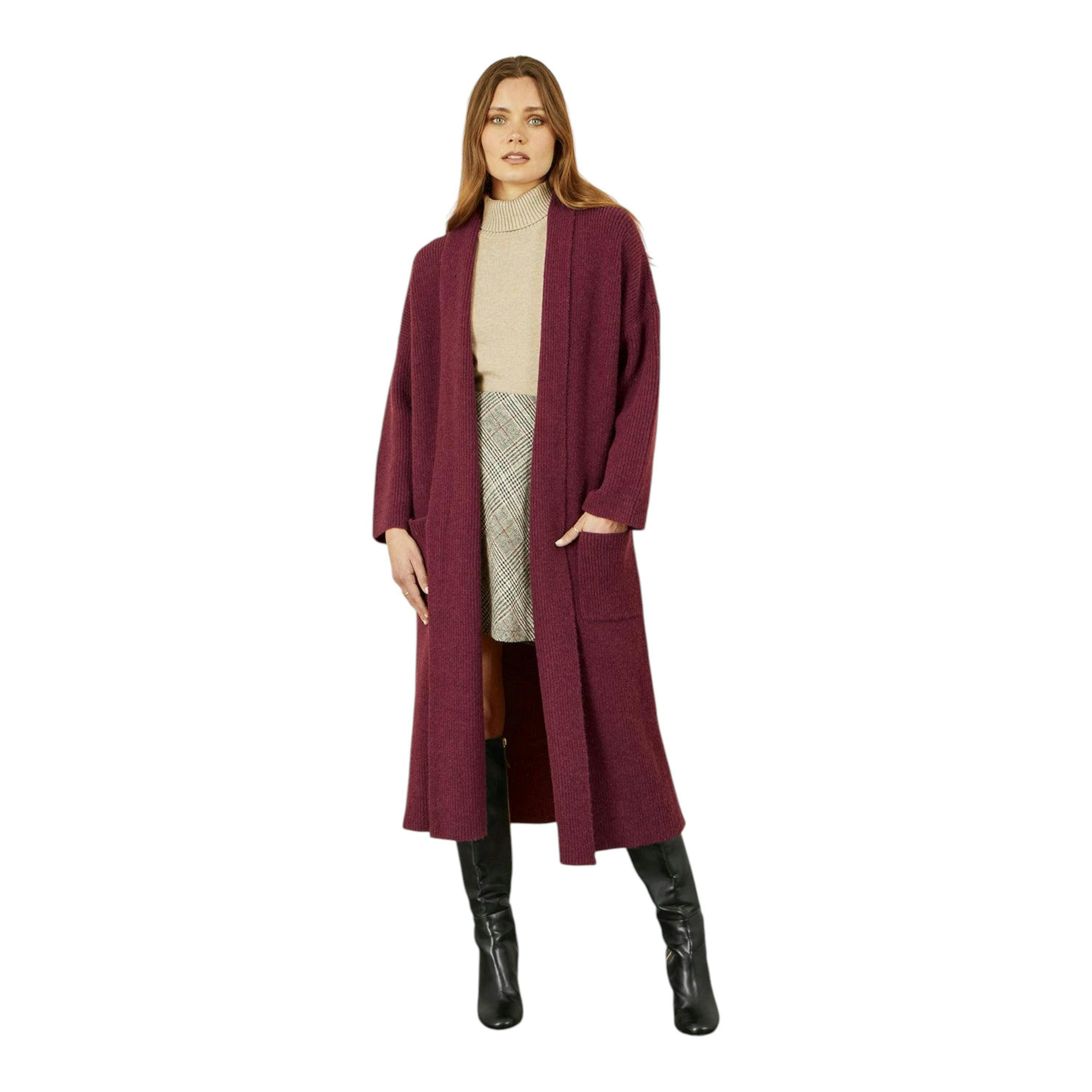 Yumi Burgundy Knitted Maxi Cardigan With Pockets , view 4 of 5