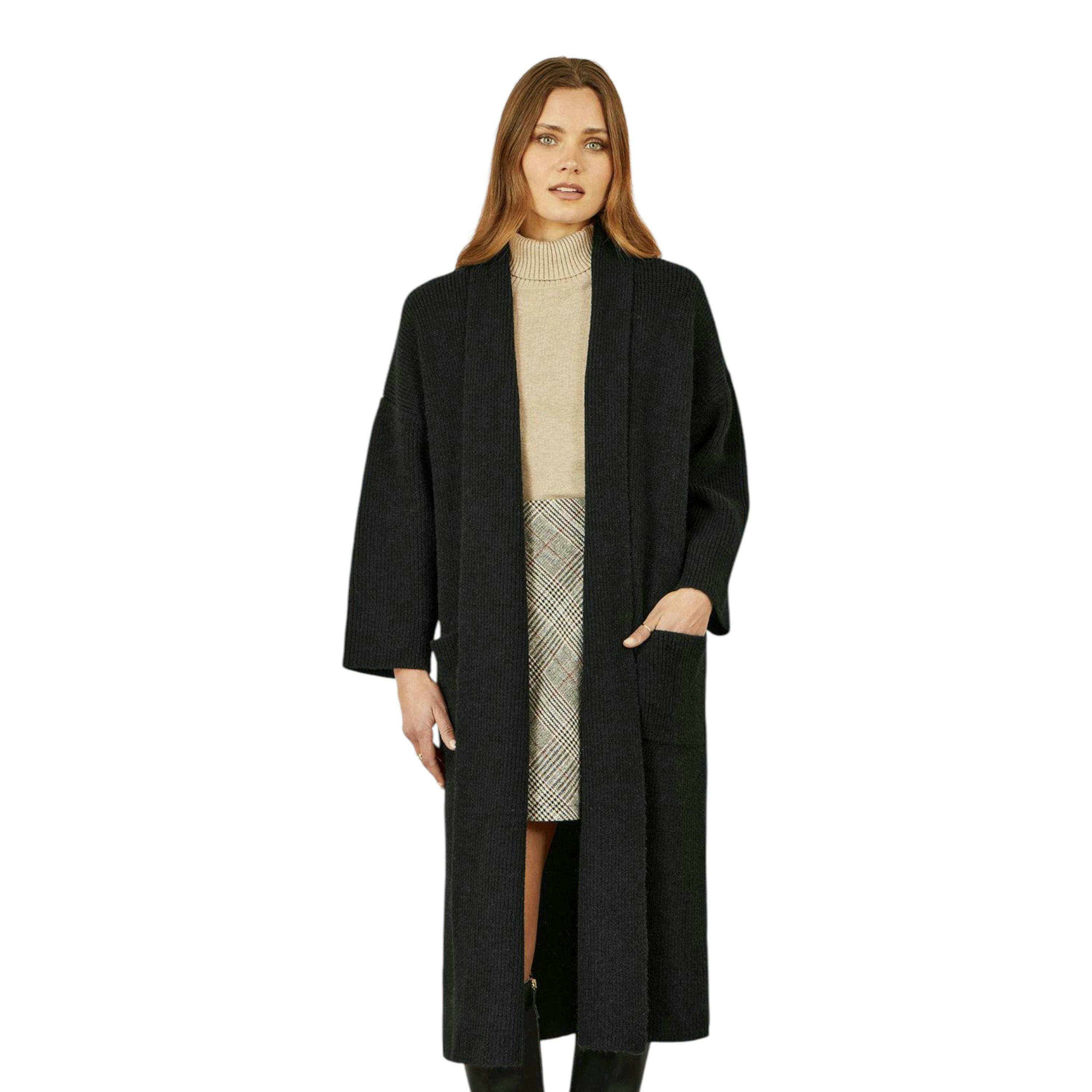 Yumi Black Knitted Maxi Cardigan With Pockets , view 2 of 5