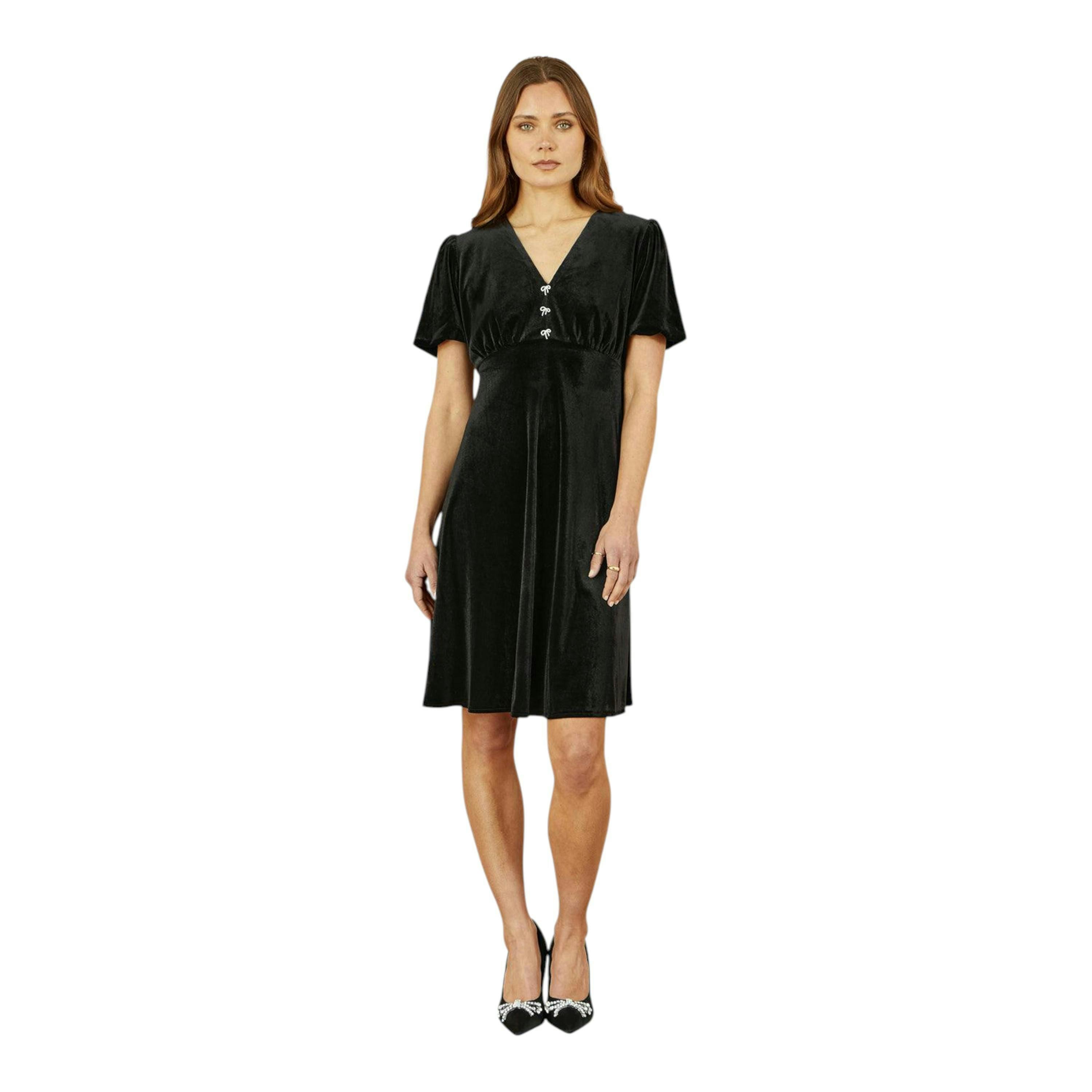 Yumi Black Velvet Skater Dress With Dimante Bow Detail , view 1 of 6