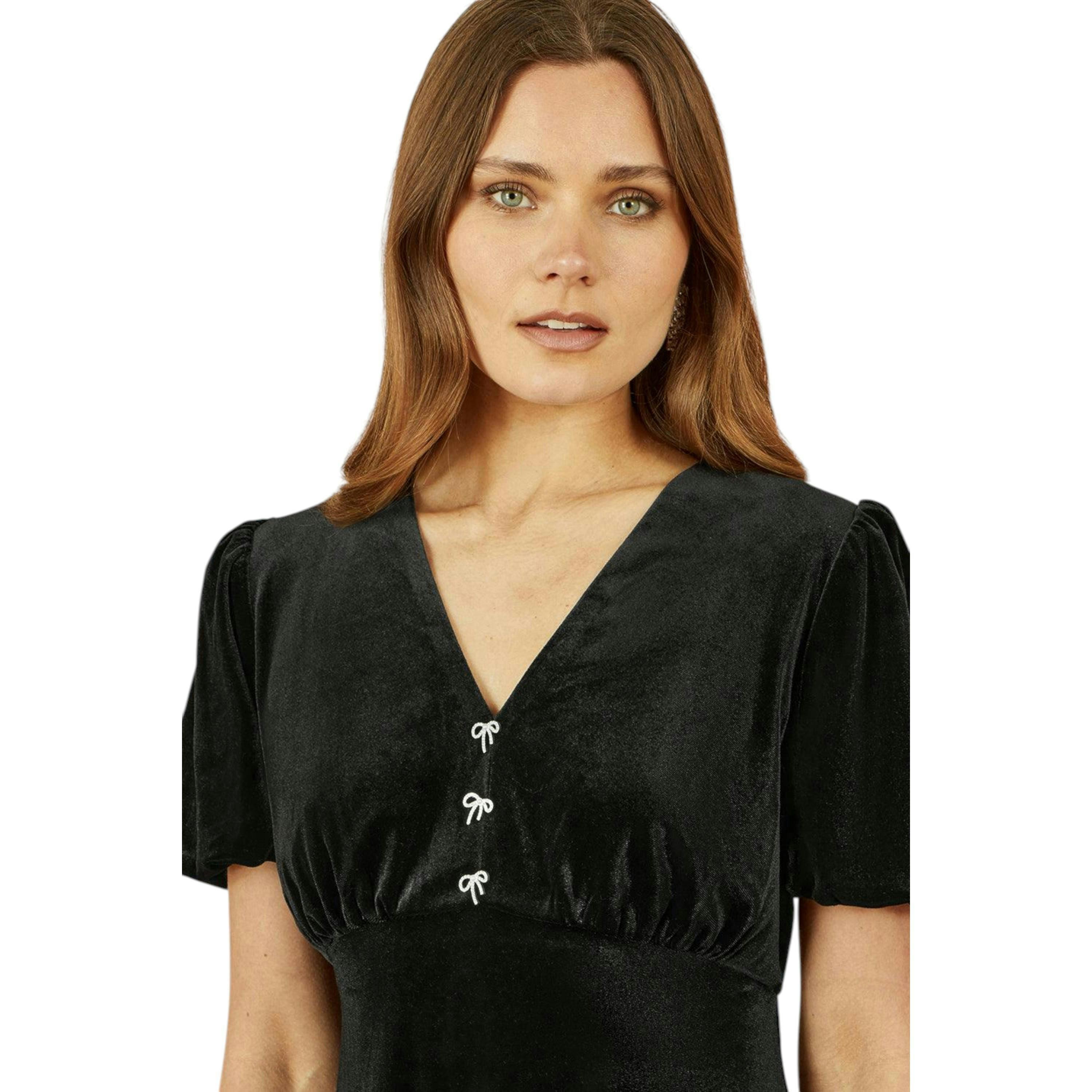 Yumi Black Velvet Skater Dress With Dimante Bow Detail , view 2 of 6