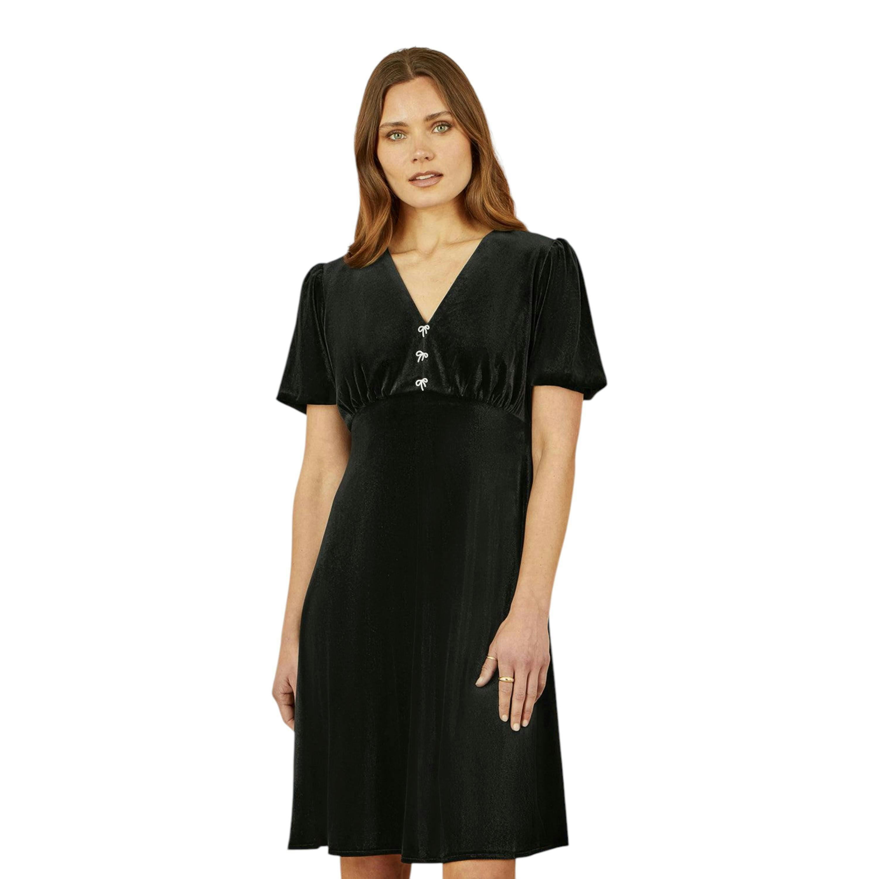 Yumi Black Velvet Skater Dress With Dimante Bow Detail , view 3 of 6