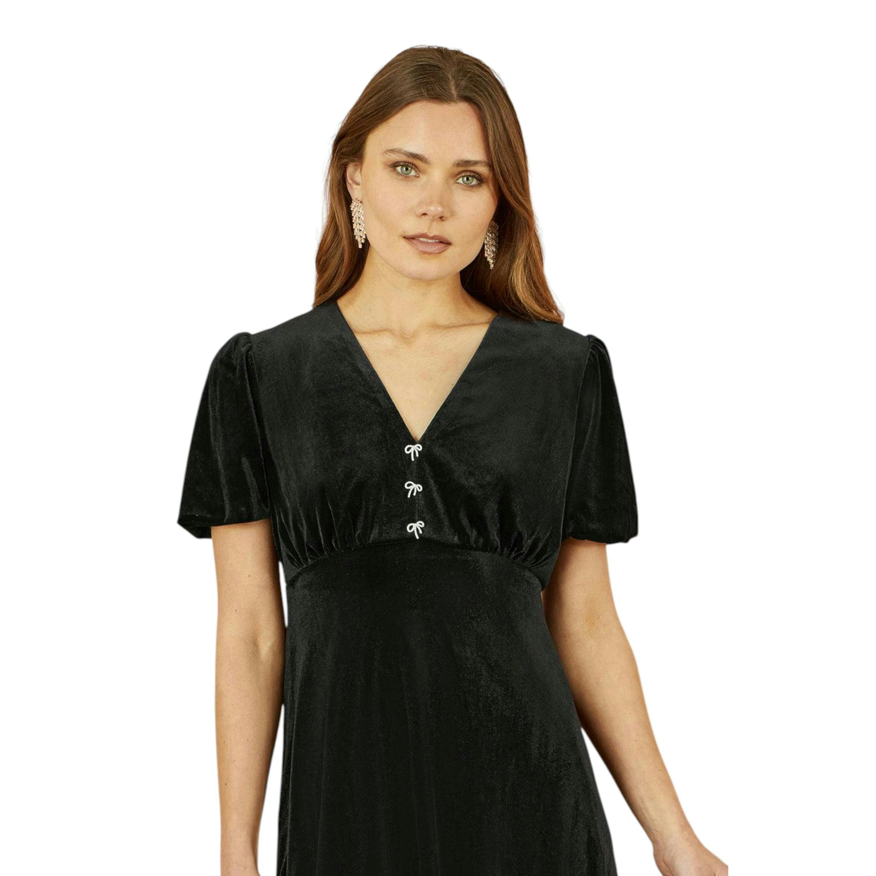 Yumi Black Velvet Skater Dress With Dimante Bow Detail , view 5 of 6