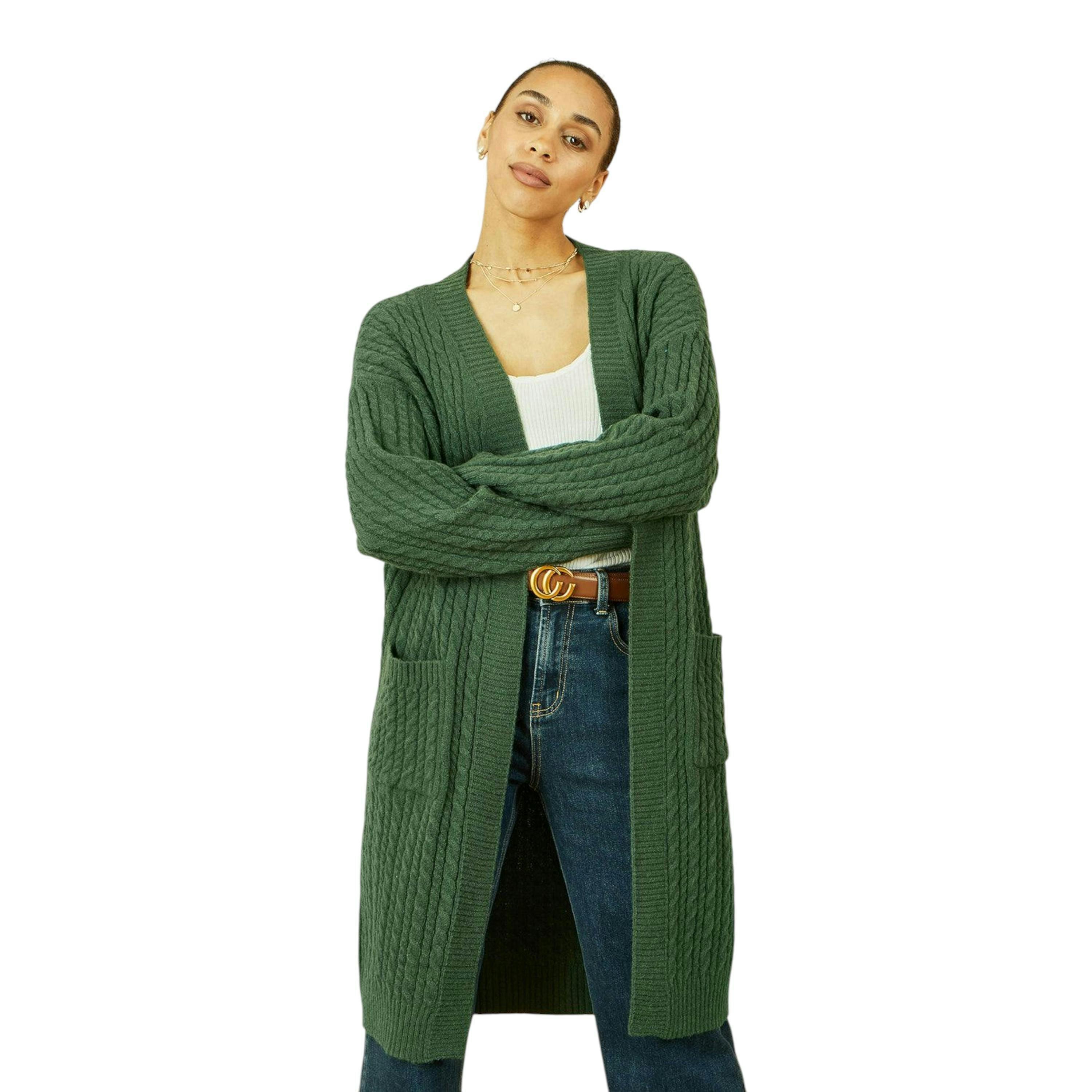 Yumi Green Cable Knit Edge to Edge Long Cardigan With Pockets , view 1 of 2
