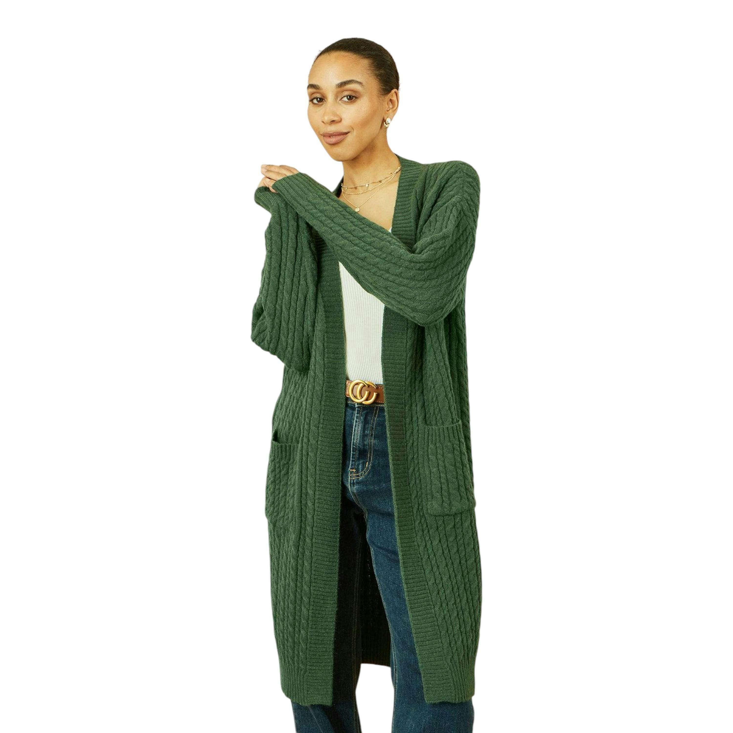 Yumi Green Cable Knit Edge to Edge Long Cardigan With Pockets , view 2 of 2
