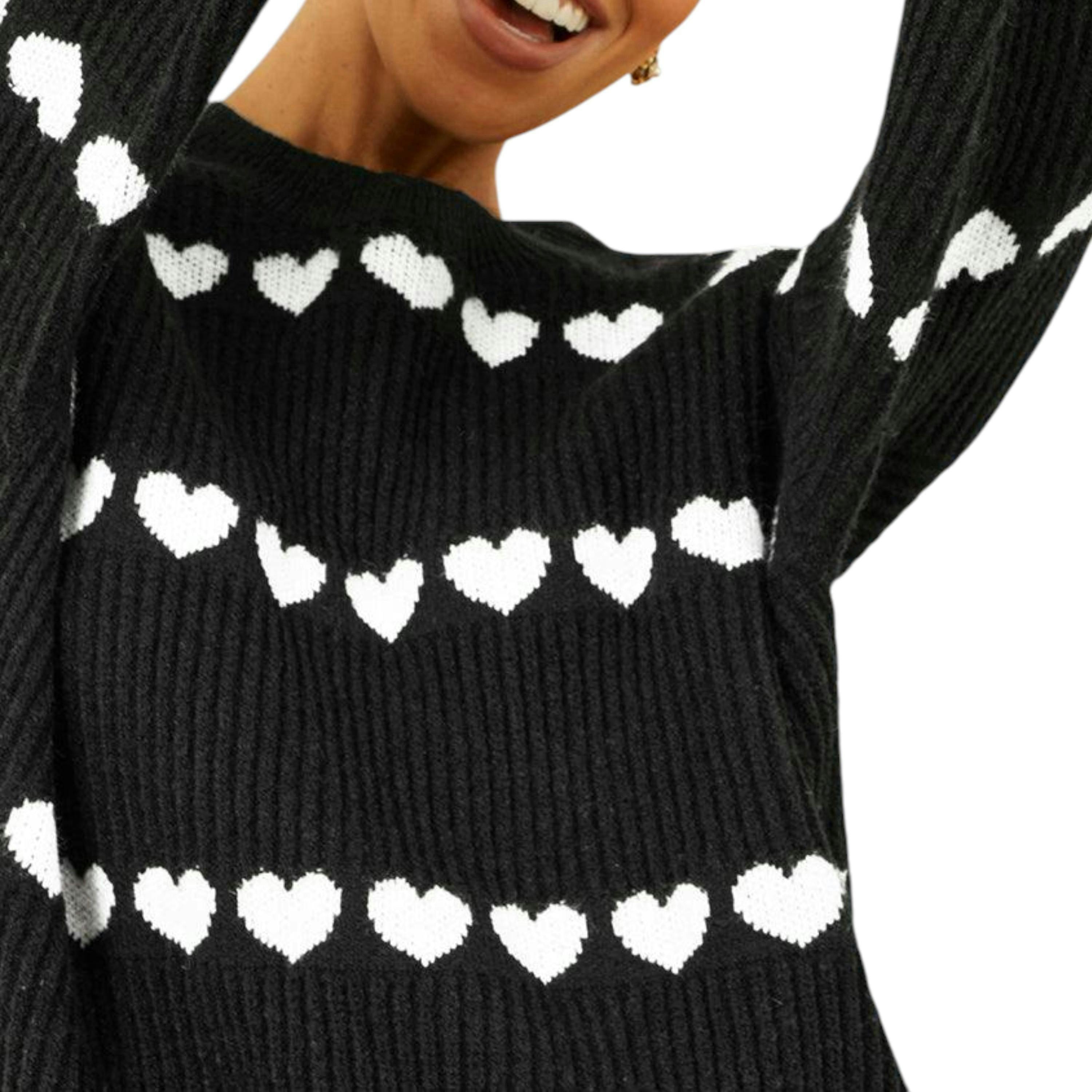 Yumi Black Knitted Jumper With Heart Stripes , view 1 of 2