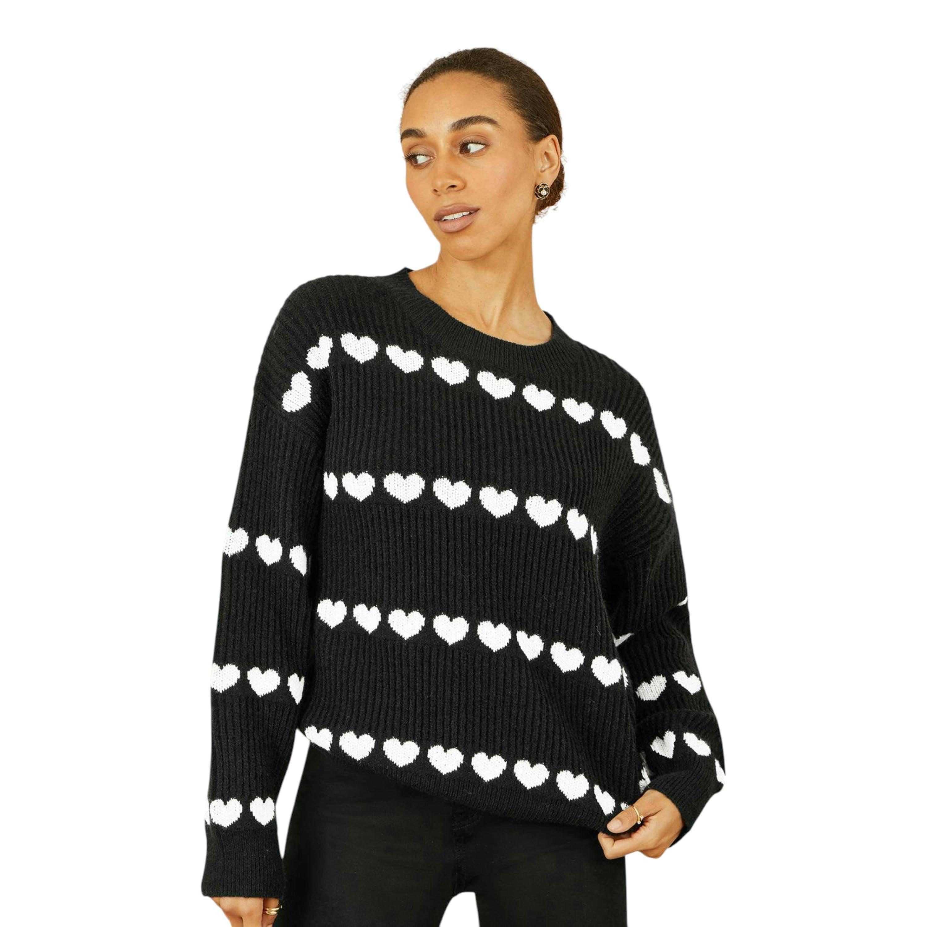 Yumi Black Knitted Jumper With Heart Stripes , view 2 of 2
