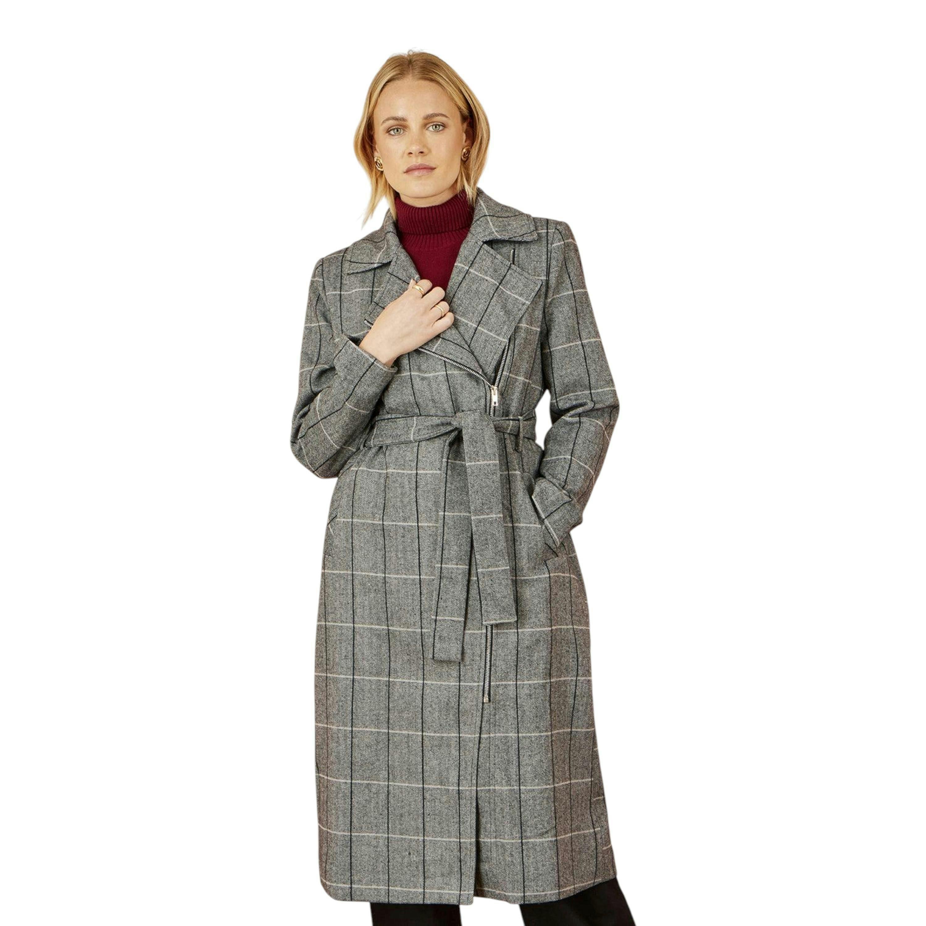 Yumi Grey Check Oversize Long Biker Coat , view 1 of 6