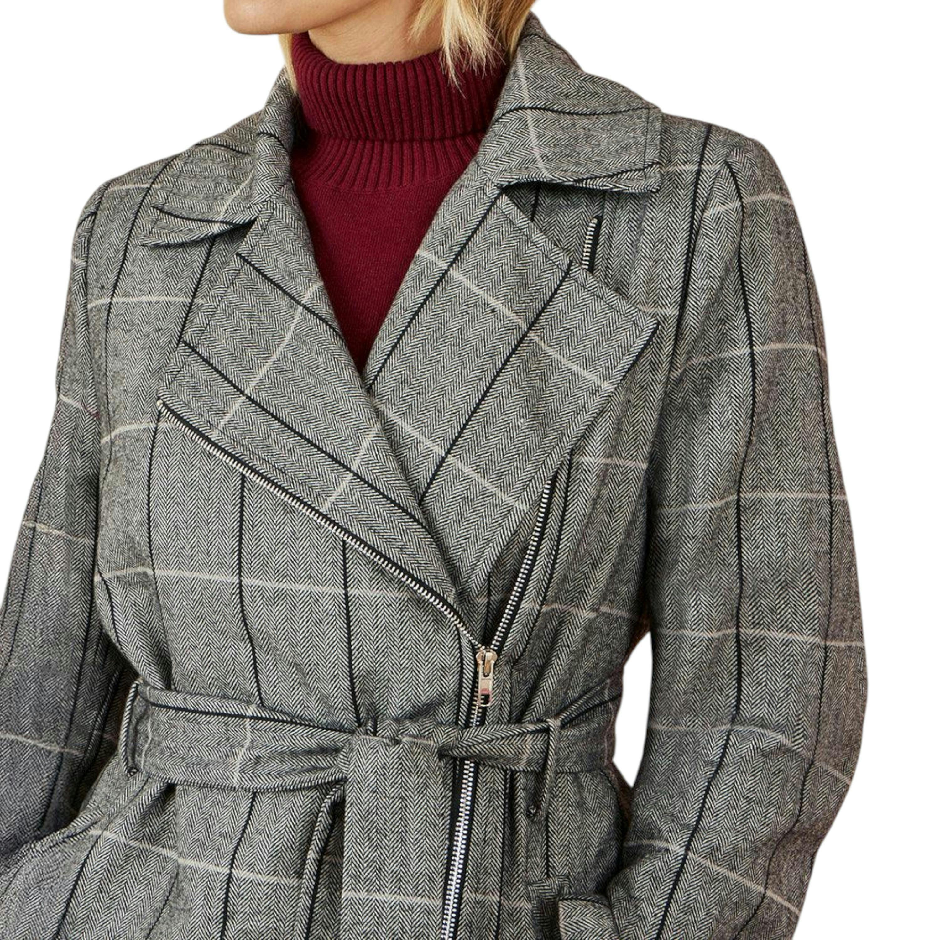 Yumi Grey Check Oversize Long Biker Coat , view 2 of 6