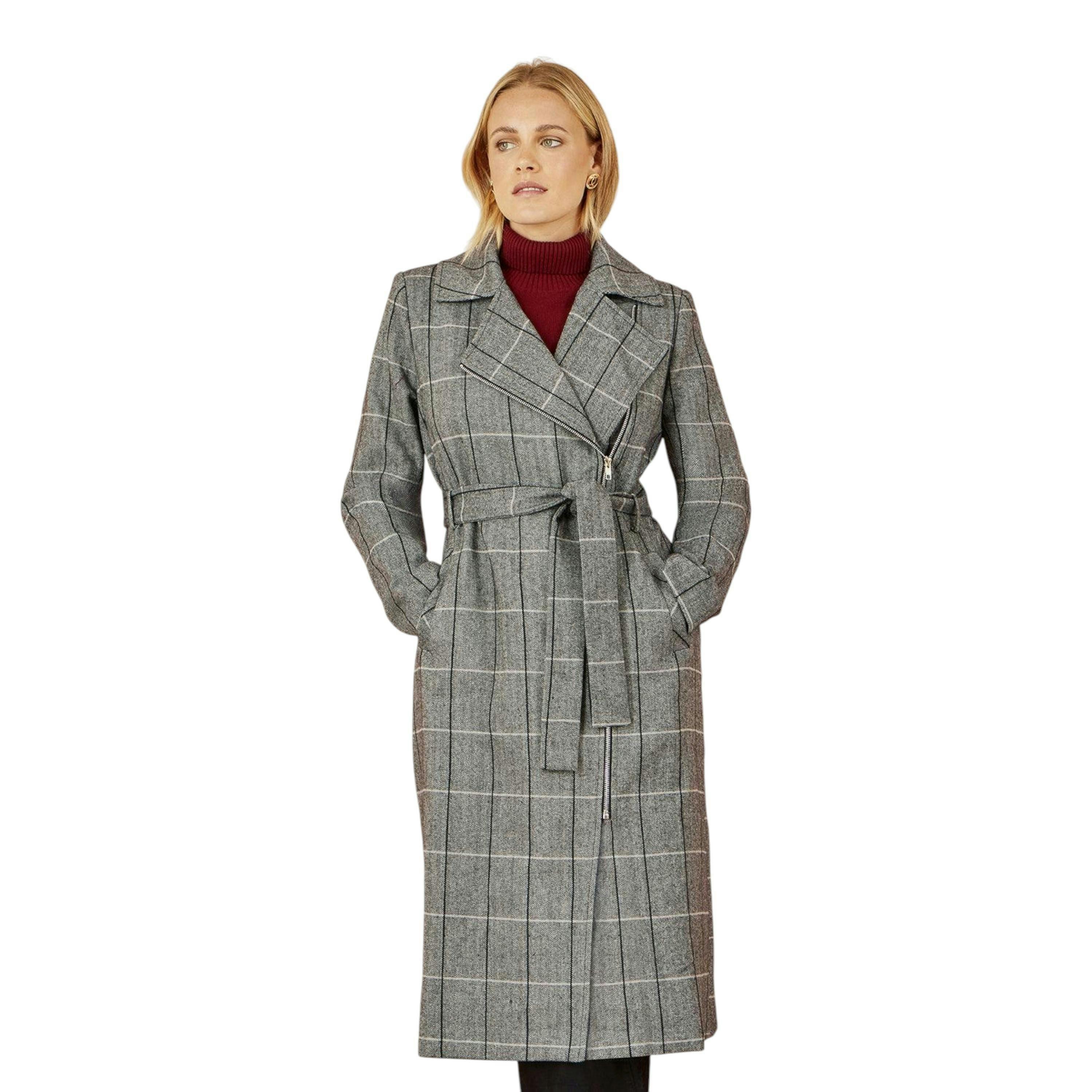 Yumi Grey Check Oversize Long Biker Coat , view 3 of 6