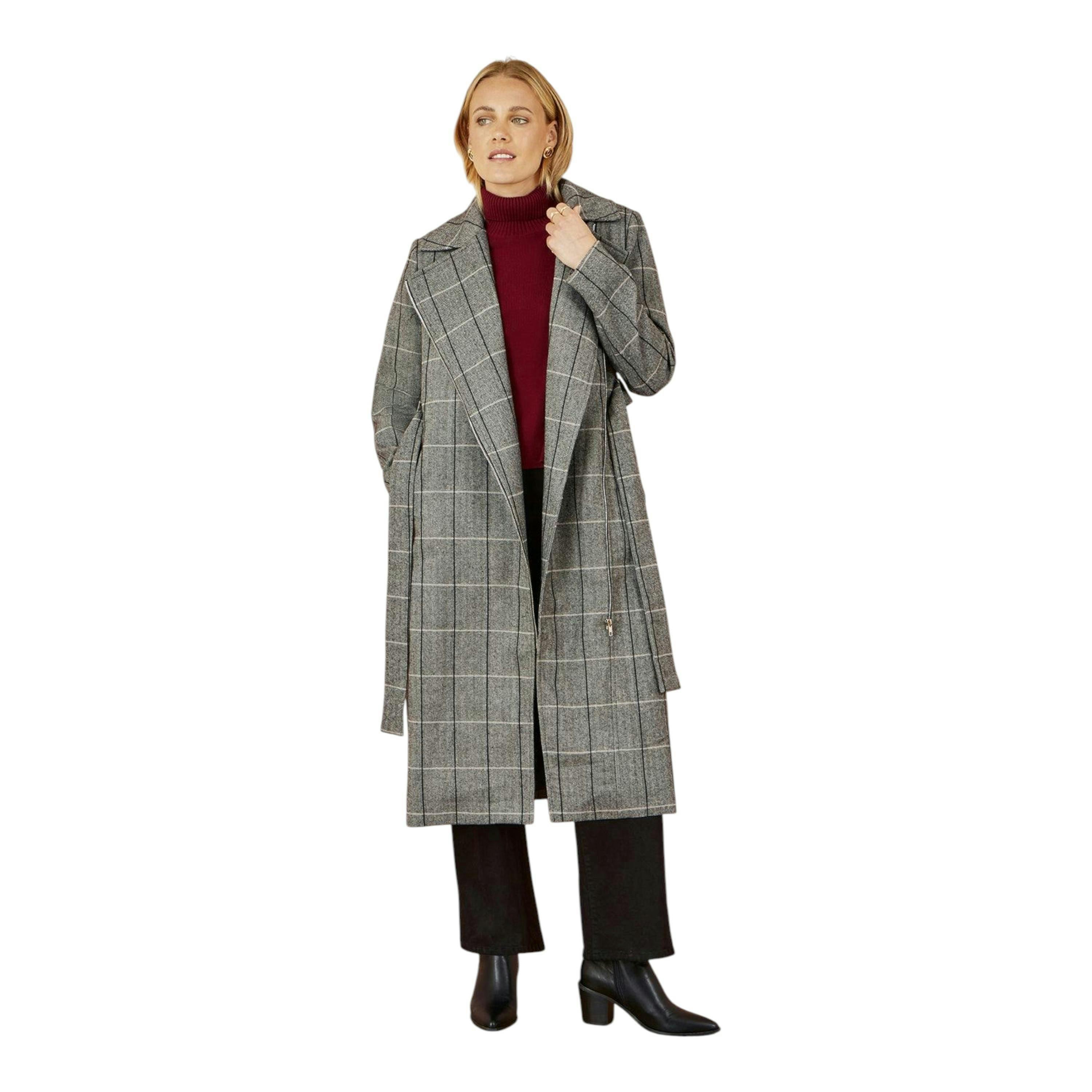 Yumi Grey Check Oversize Long Biker Coat , view 4 of 6