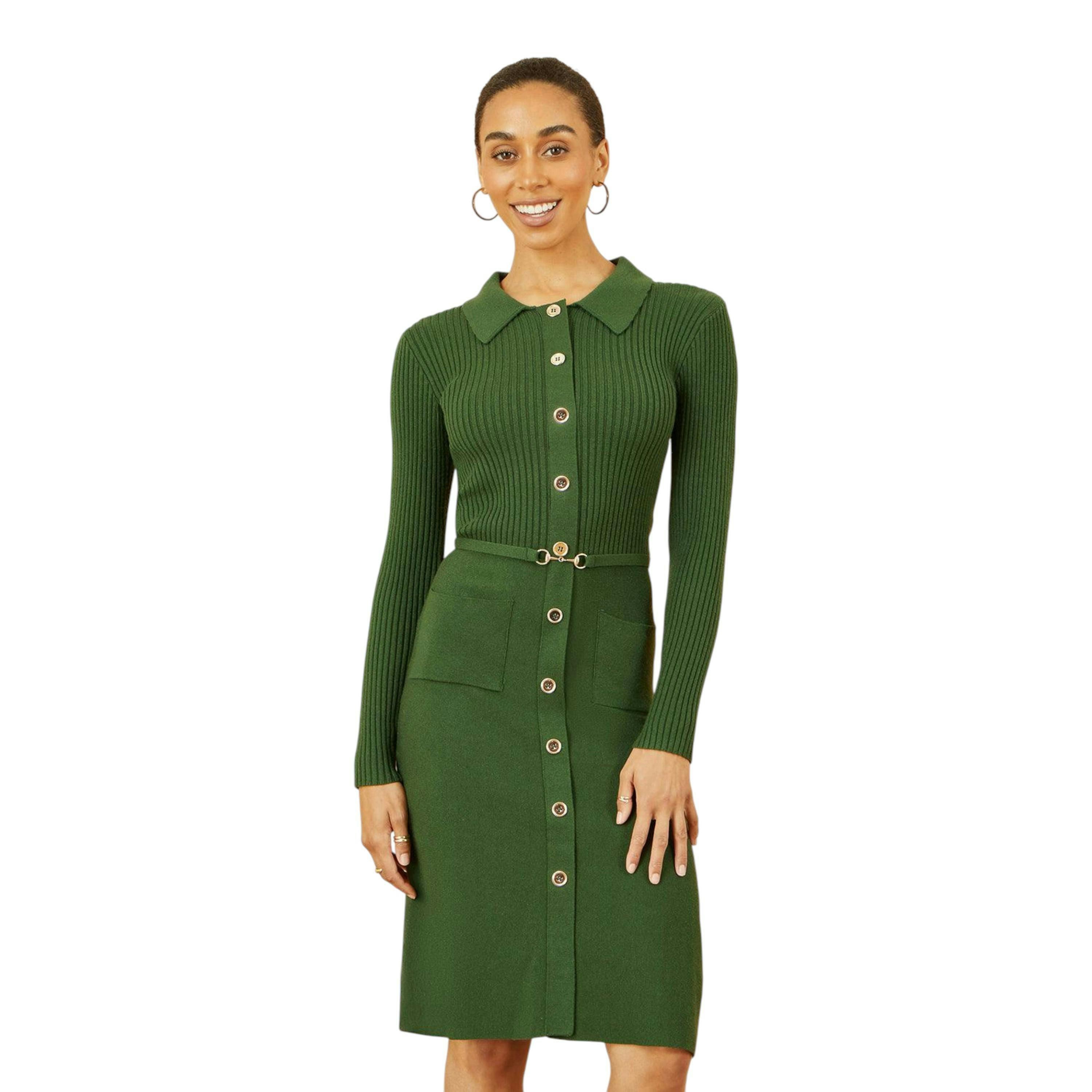 Yumi Green Rib Knit Midi Shirt Dress With Snaffle Belt , view 1 of 5