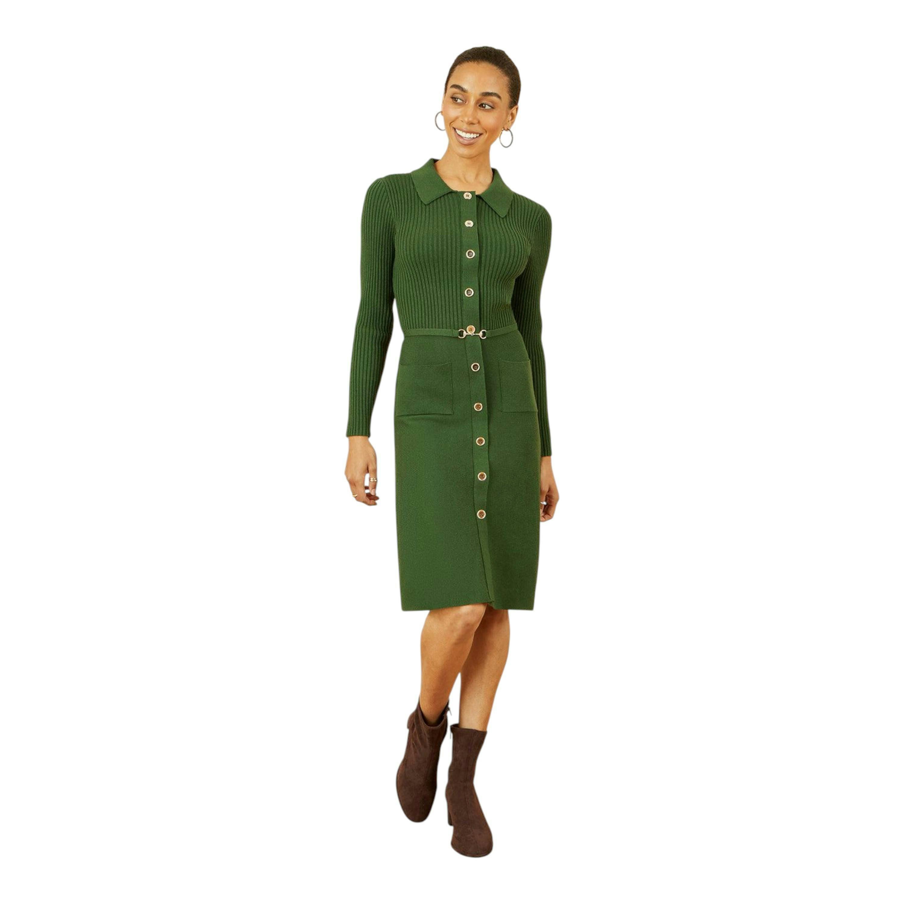 Yumi Green Rib Knit Midi Shirt Dress With Snaffle Belt , view 2 of 5