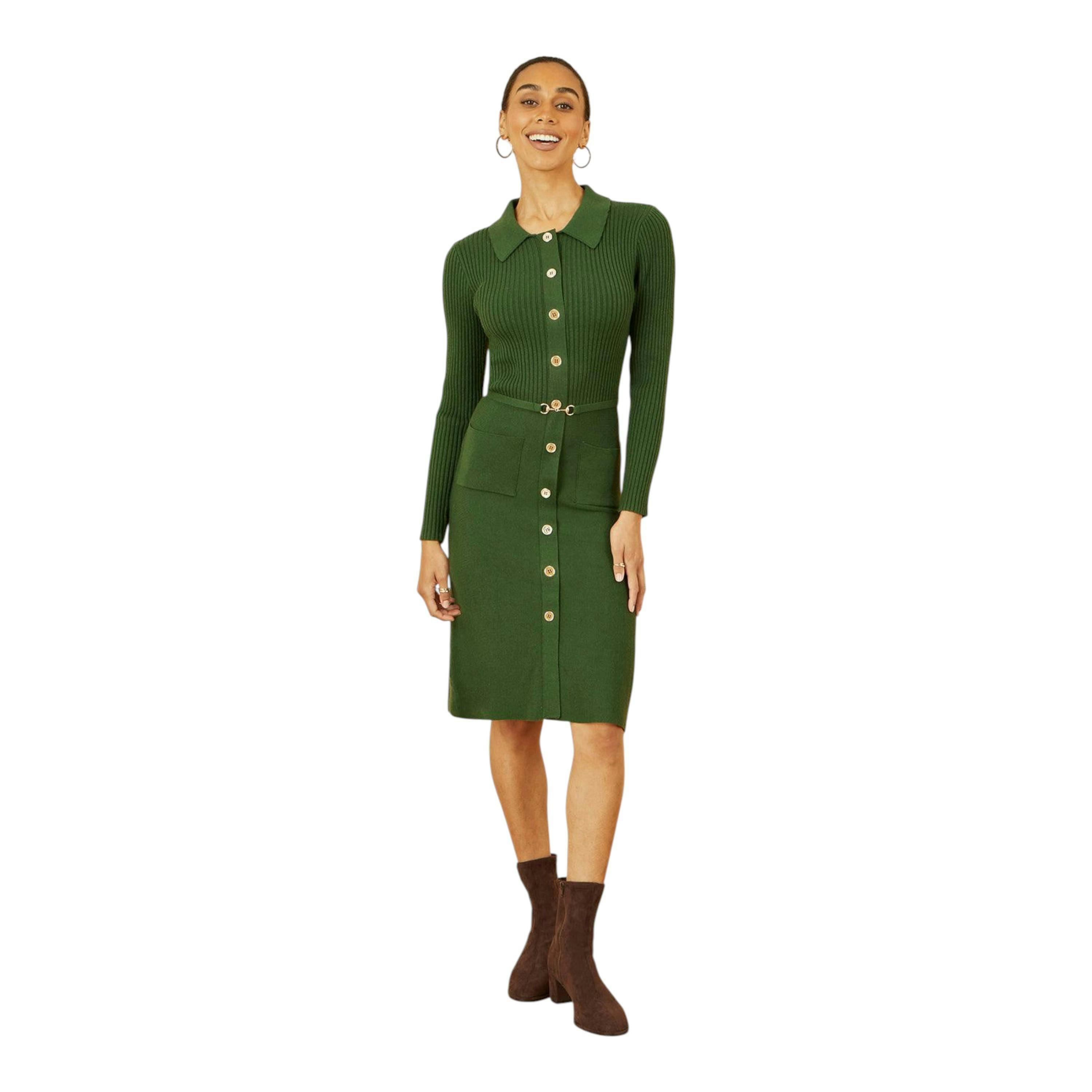 Yumi Green Rib Knit Midi Shirt Dress With Snaffle Belt , view 4 of 5