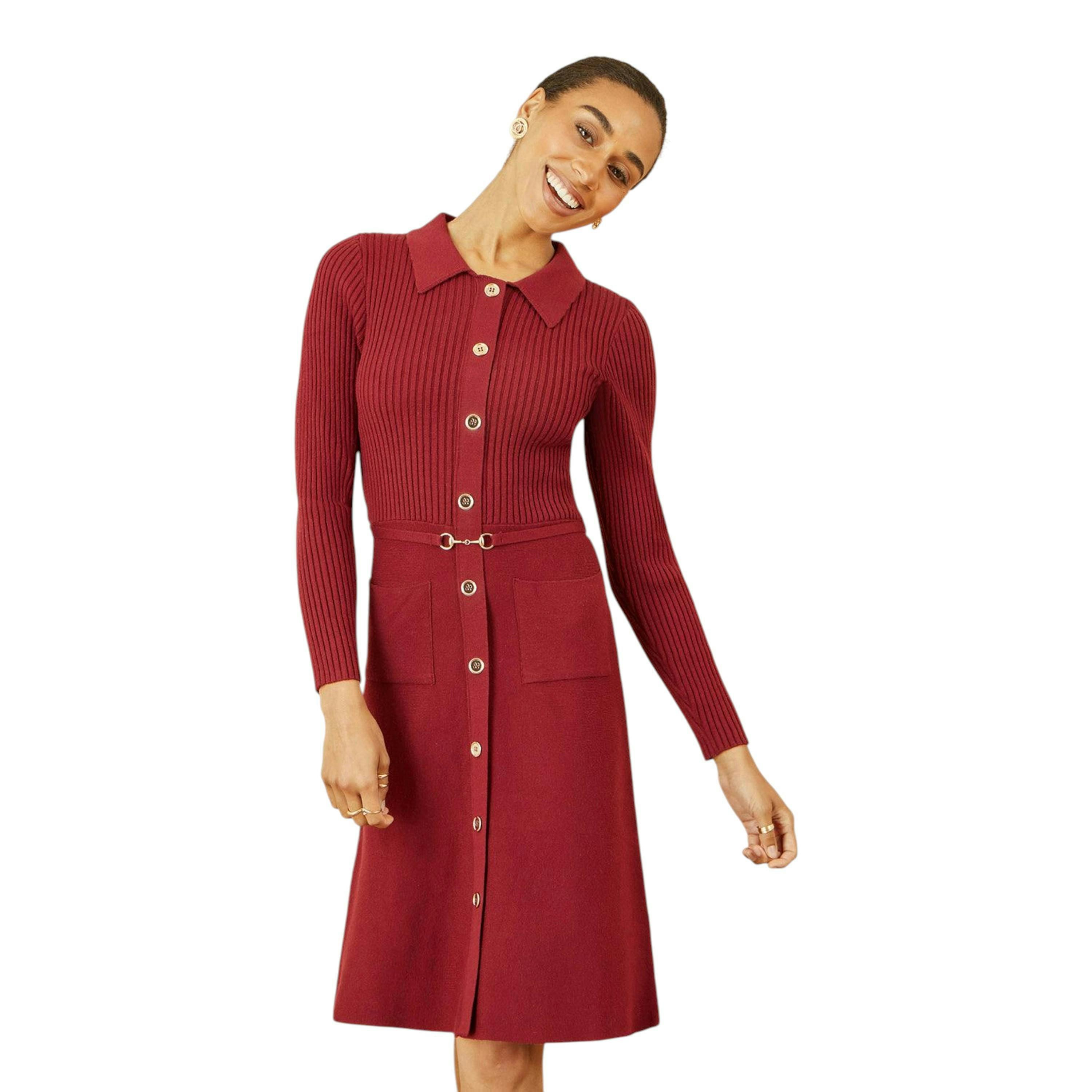 Yumi Burgundy Rib Knit Midi Shirt Dress With Snaffle Belt , view 1 of 5