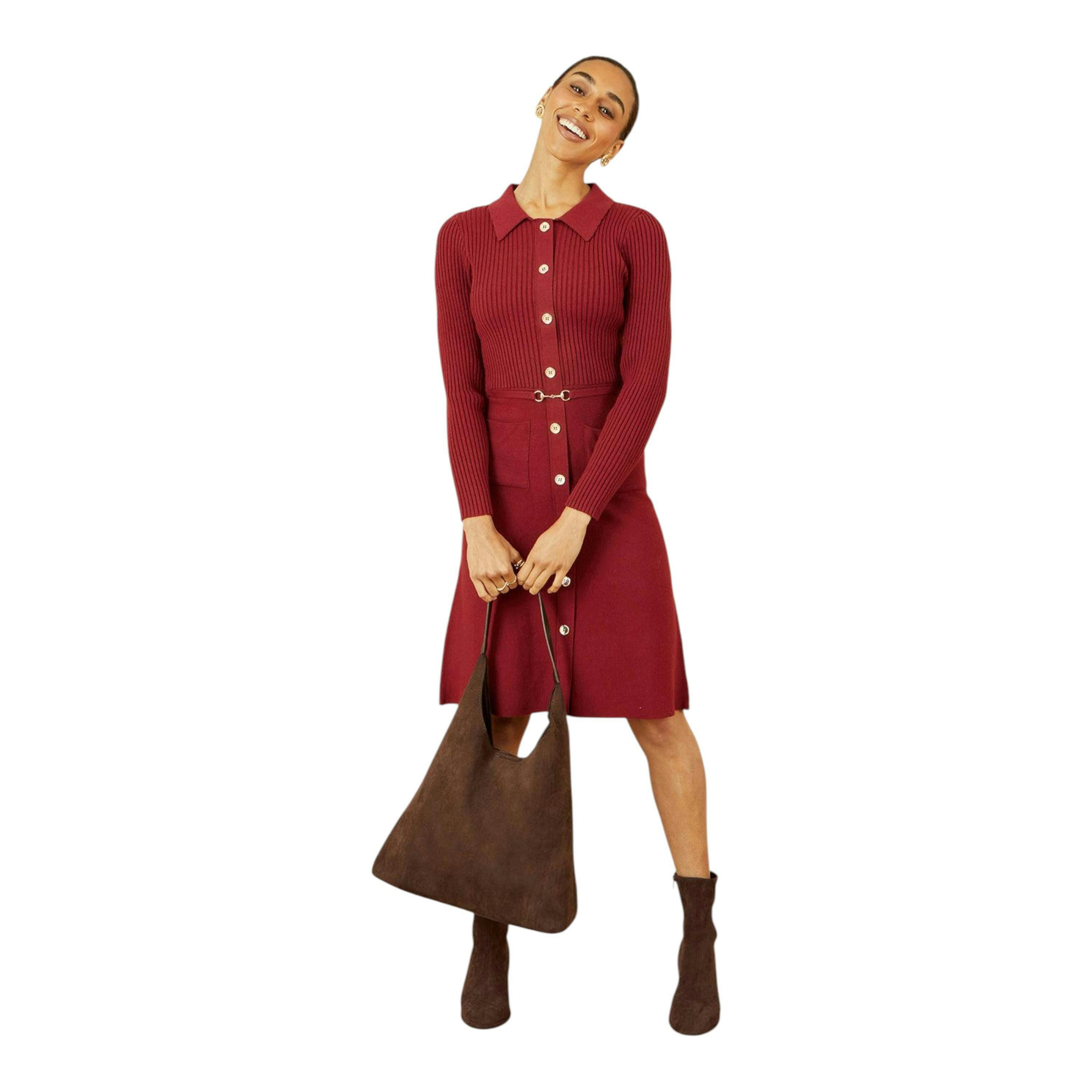 Yumi Burgundy Rib Knit Midi Shirt Dress With Snaffle Belt , view 2 of 5