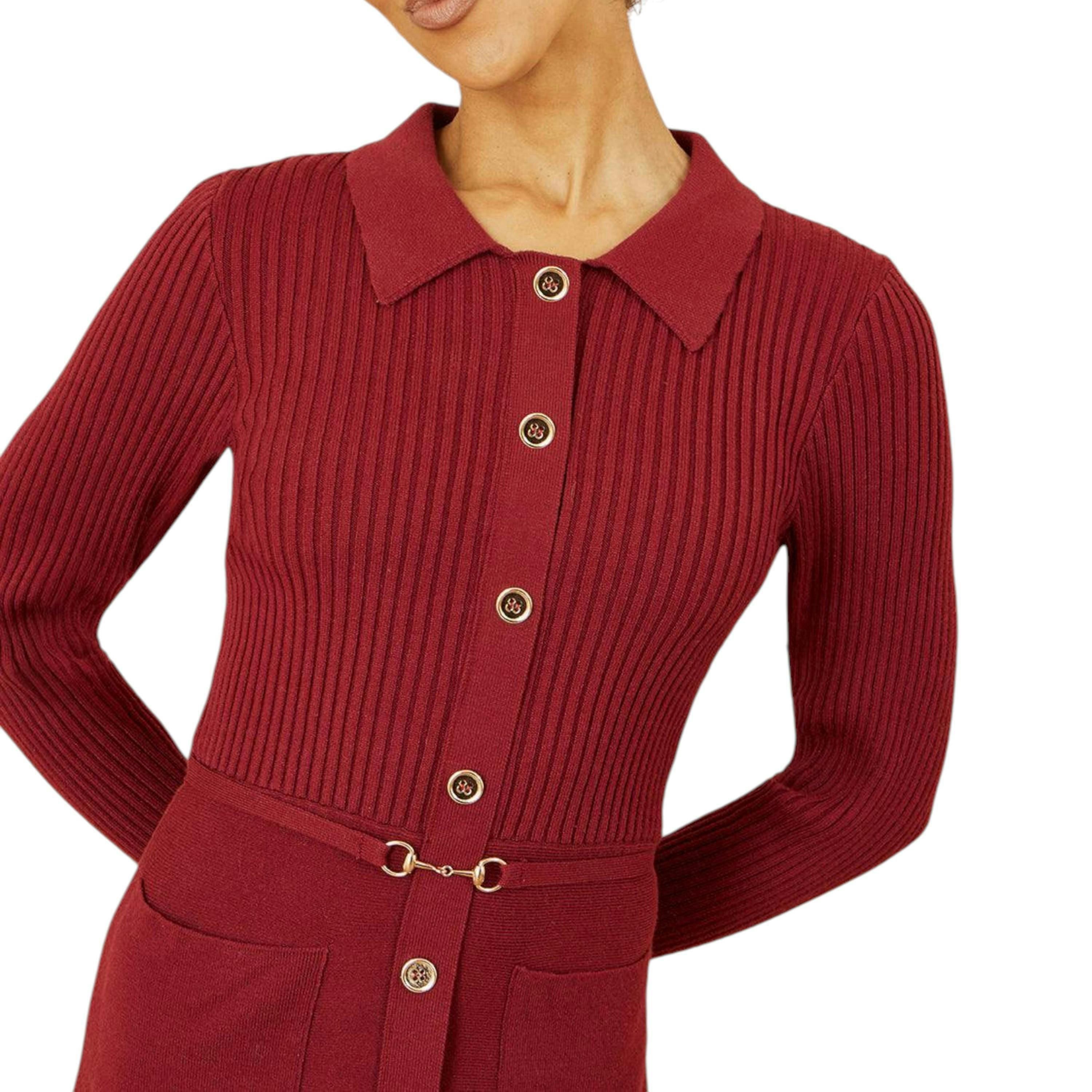 Yumi Burgundy Rib Knit Midi Shirt Dress With Snaffle Belt , view 3 of 5