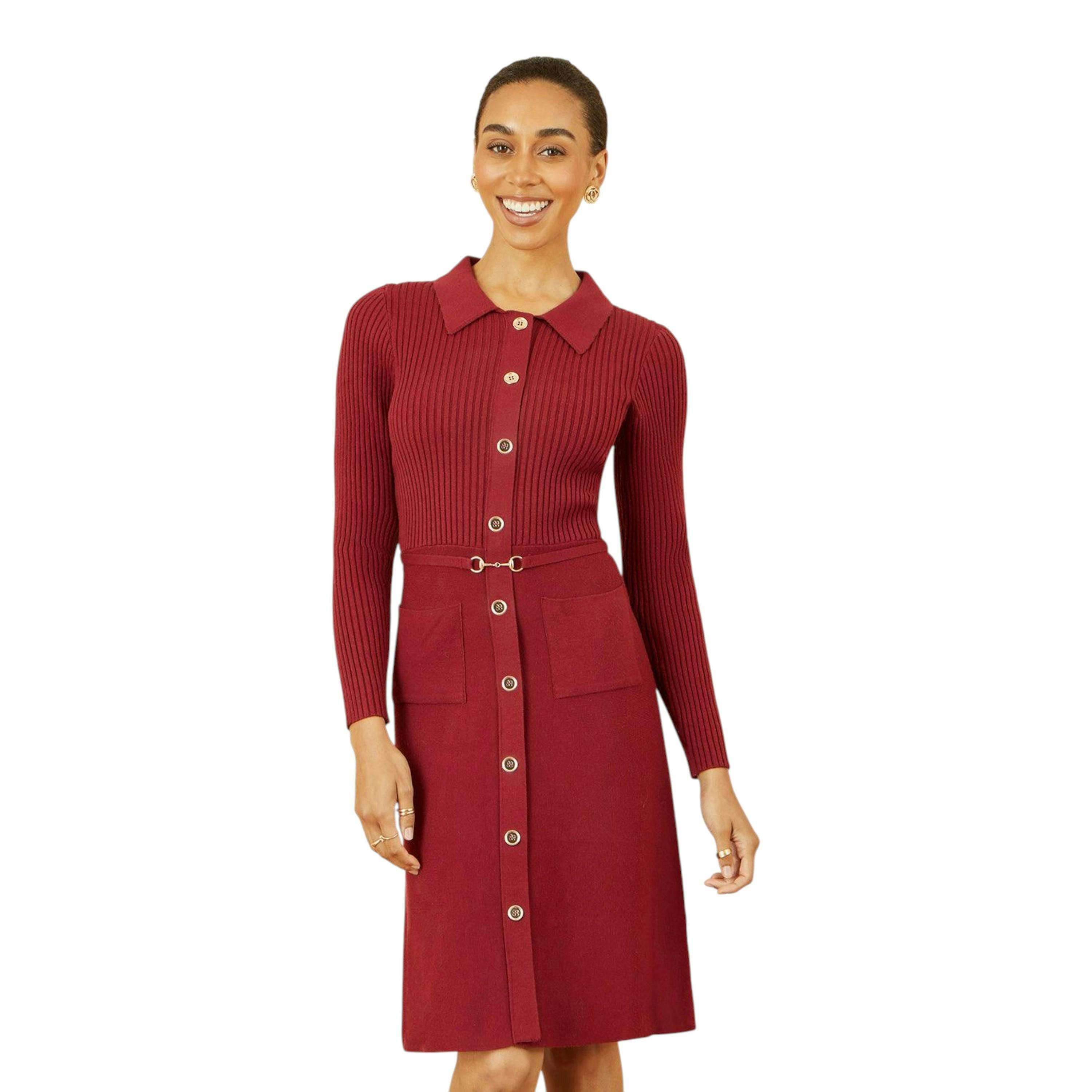 Yumi Burgundy Rib Knit Midi Shirt Dress With Snaffle Belt , view 4 of 5