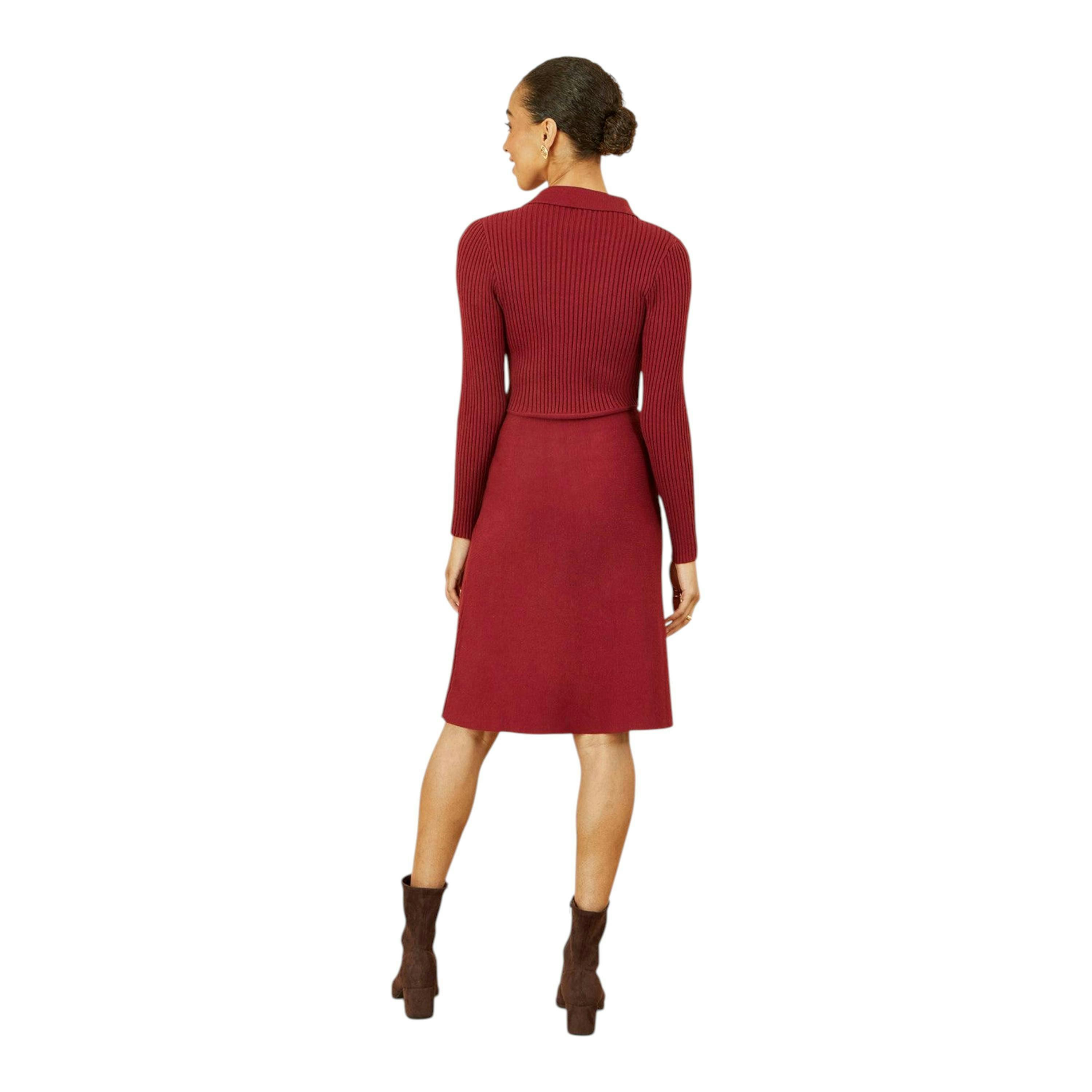 Yumi Burgundy Rib Knit Midi Shirt Dress With Snaffle Belt , view 5 of 5