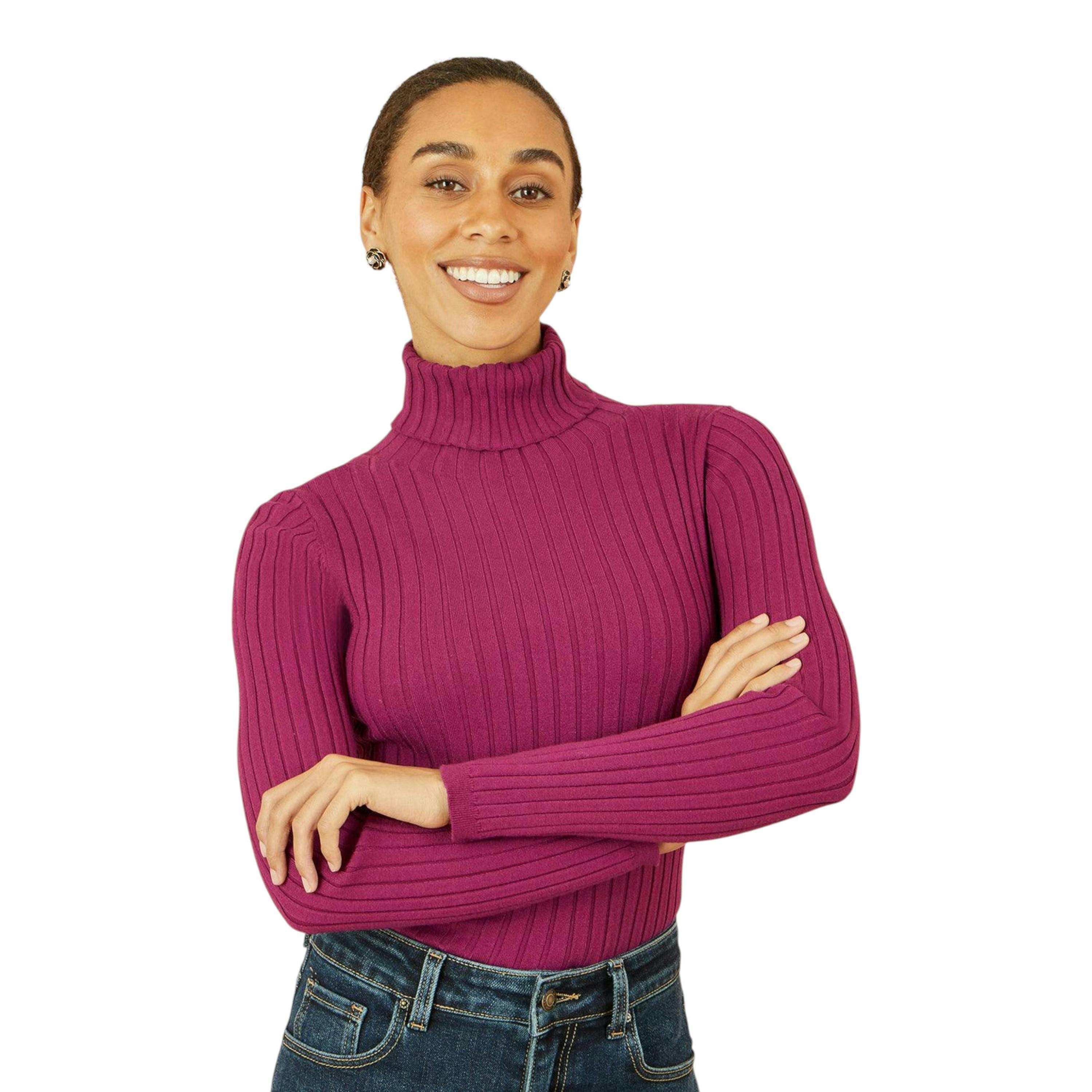 Yumi Plum Ribbed Knit Roll Neck Jumper , view 1 of 5