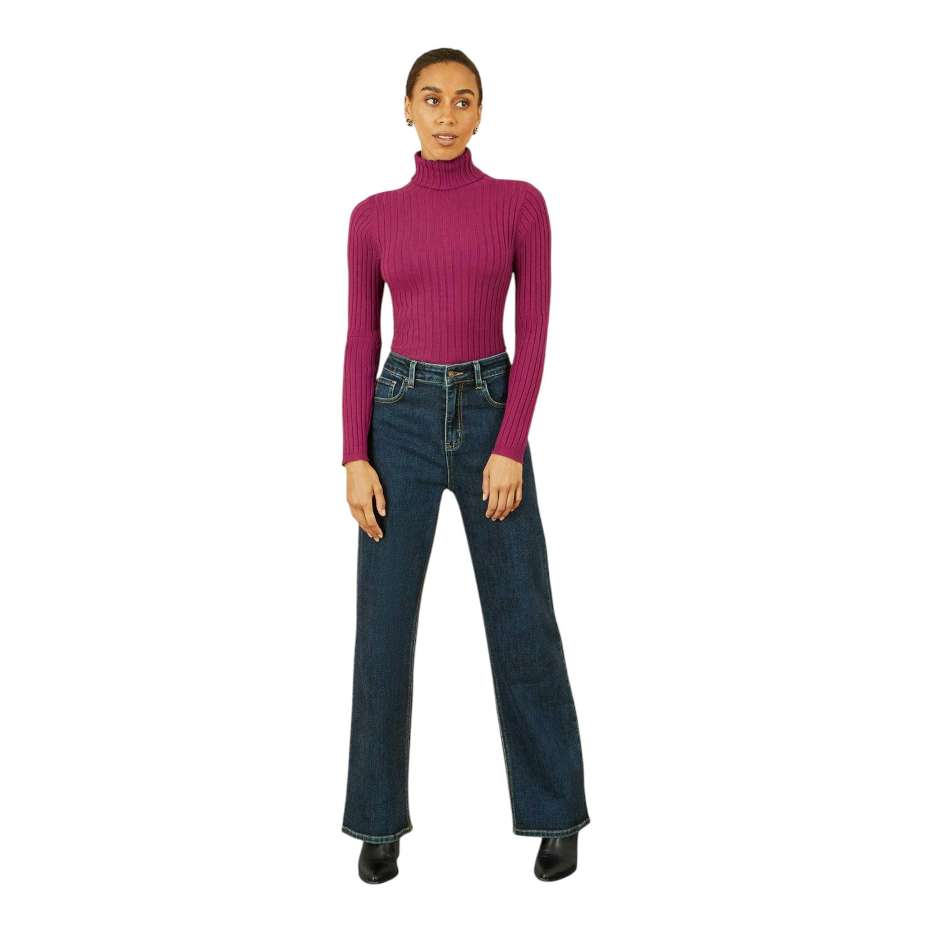 Yumi Plum Ribbed Knit Roll Neck Jumper , view 2 of 5