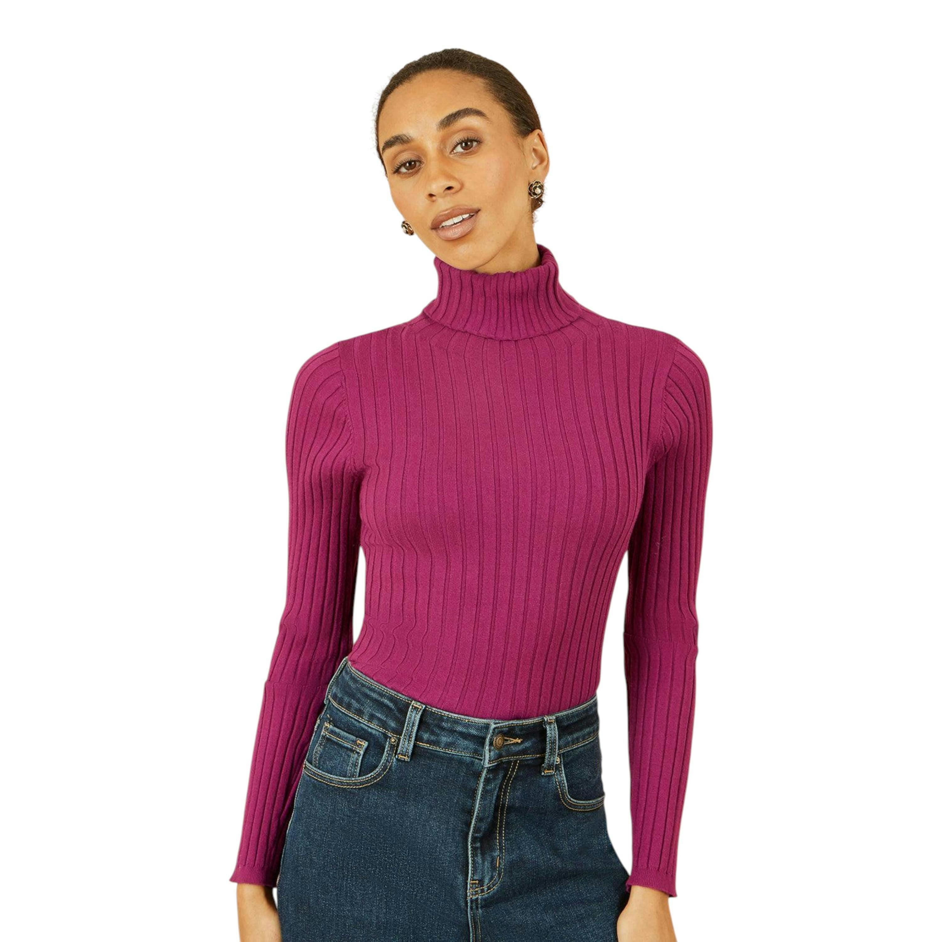 Yumi Plum Ribbed Knit Roll Neck Jumper , view 3 of 5