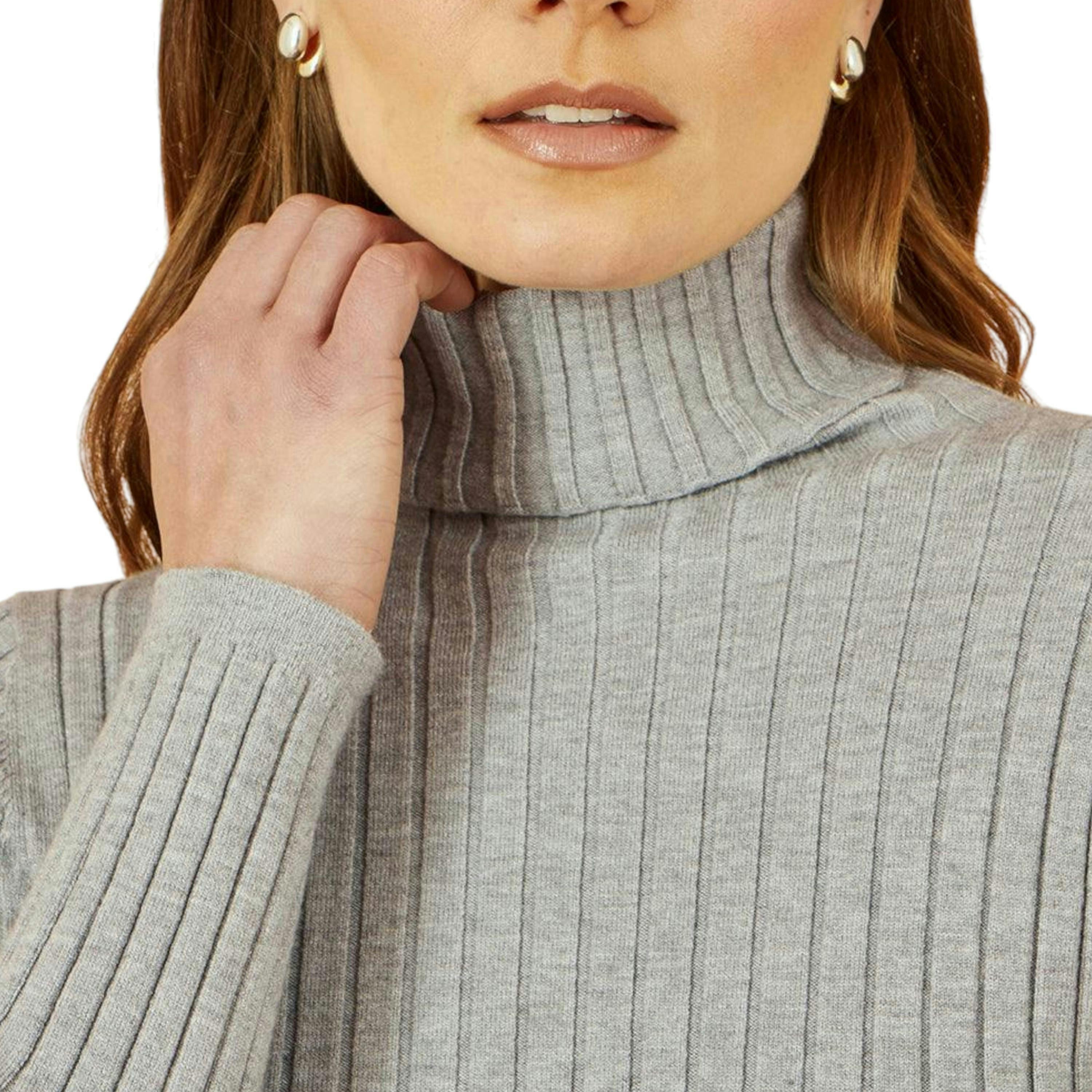 Yumi Grey Ribbed Knit Roll Neck Jumper , view 3 of 5